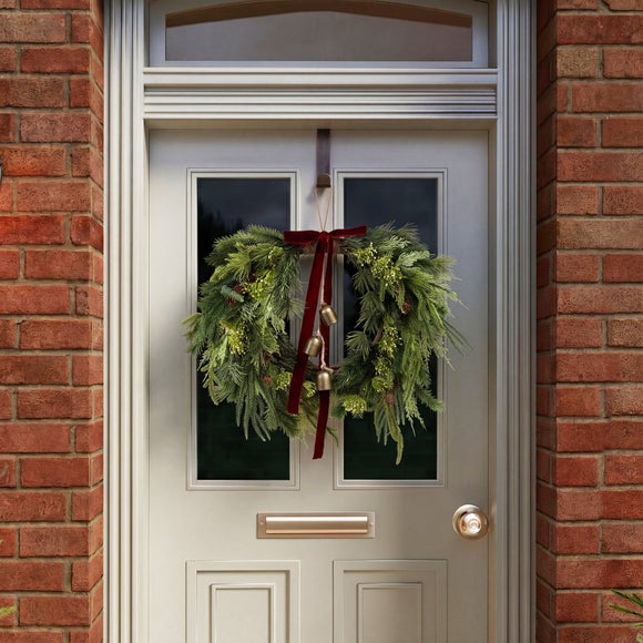 Charles Bentley Artificial Red Bow Crescent Wreath