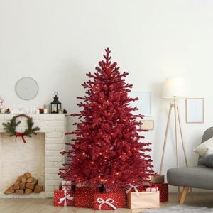 6ft Pre-lit Red Velvet Pine Flocked Christmas Tree