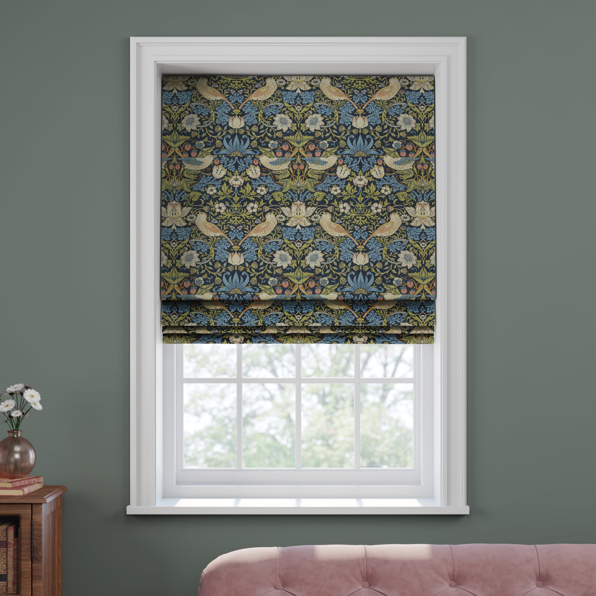 William Morris At Home Strawberry Thief Made To Measure Roman Blind Strawberry Thief Midnight