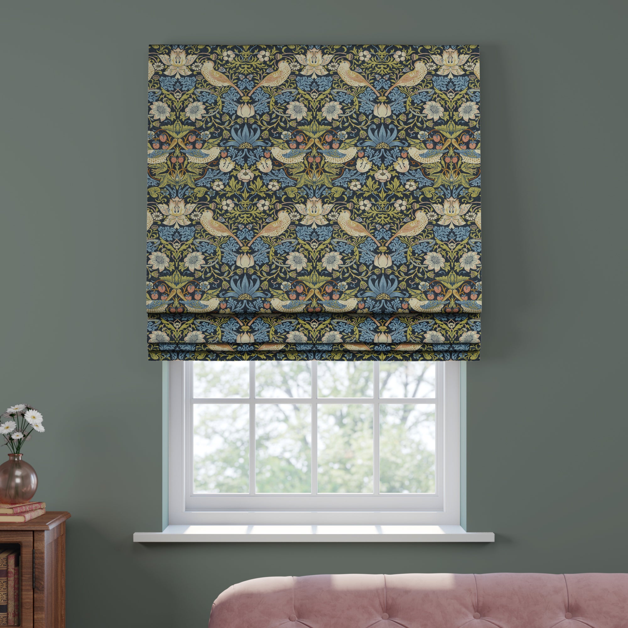 William Morris At Home Strawberry Thief Made To Measure Roman Blind Strawberry Thief Midnight