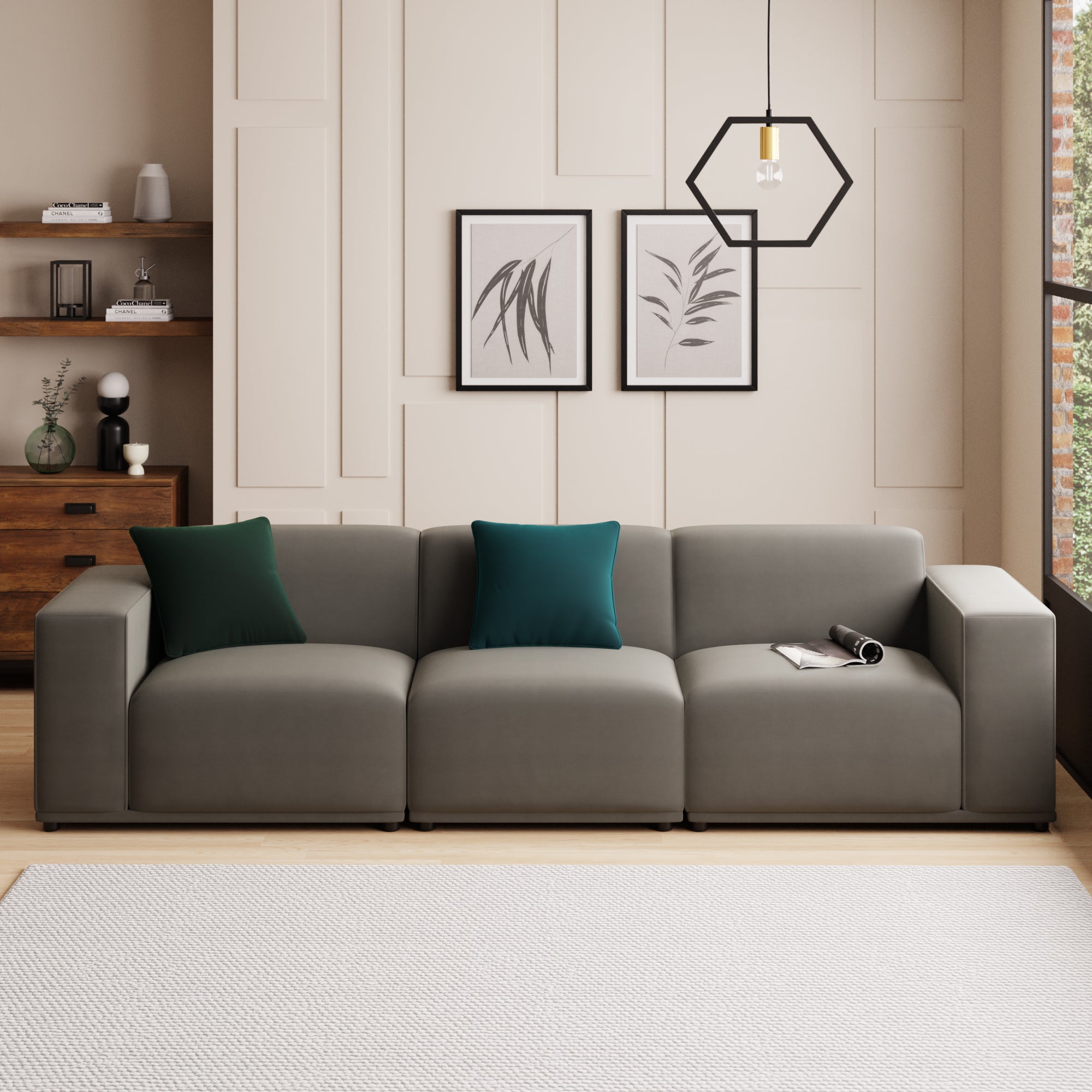Photos - Sofa CRUZ Modular  Grey Velvet 3 Seater  Steeple Grey 