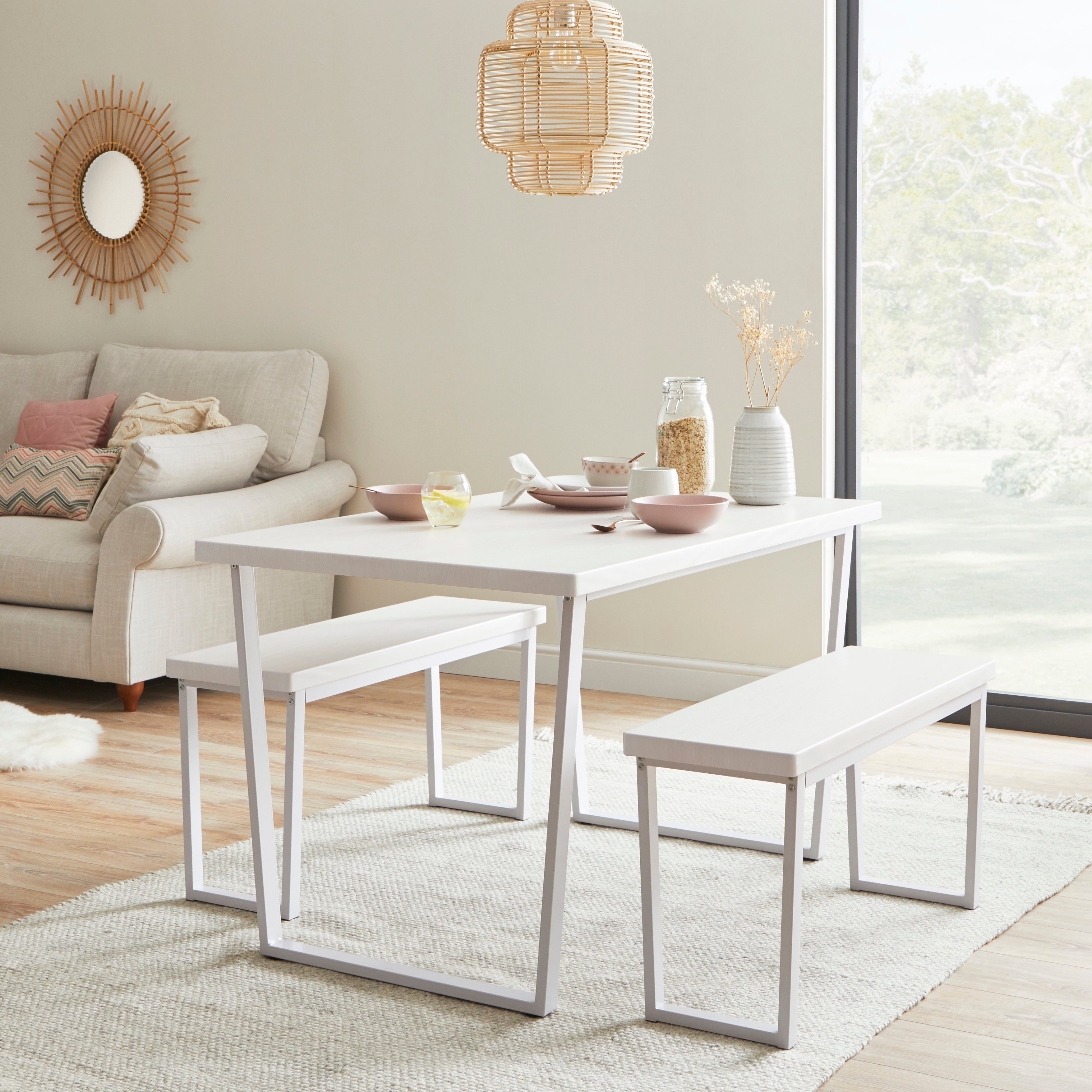 Vixen Rectangular Dining Table with 2 Benches, White White