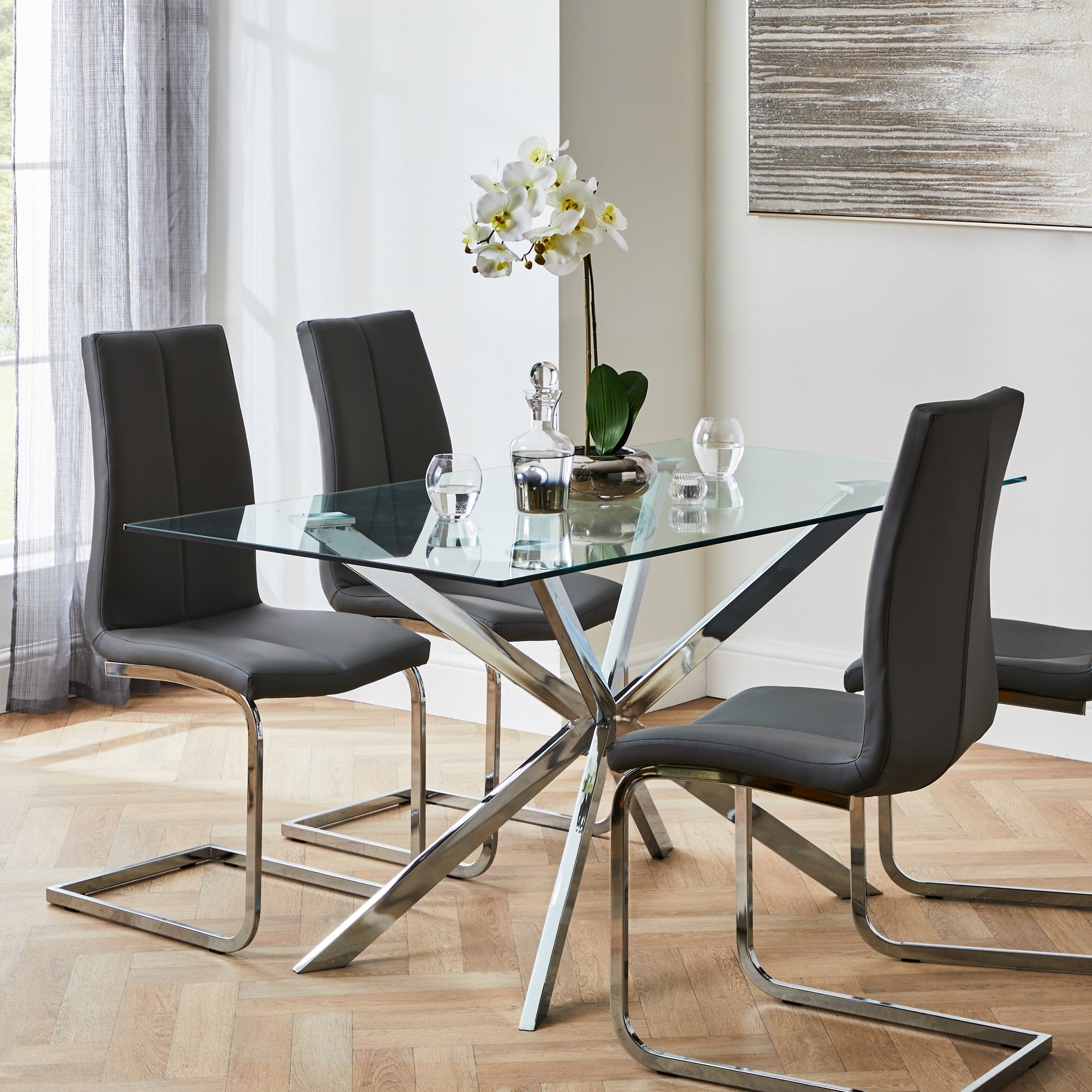Lumia Rectangular Glass Dining Table with 4 Jamison Chairs Clear