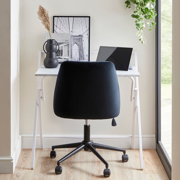 Evelyn Marble Folding Desk and Myla Black Velvet Chair Bundle Dunelm