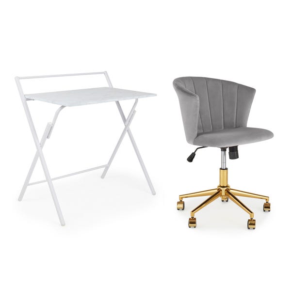 Evelyn Marble Folding Desk and Grey Kendall Chair Starter Pack image 1 of 7