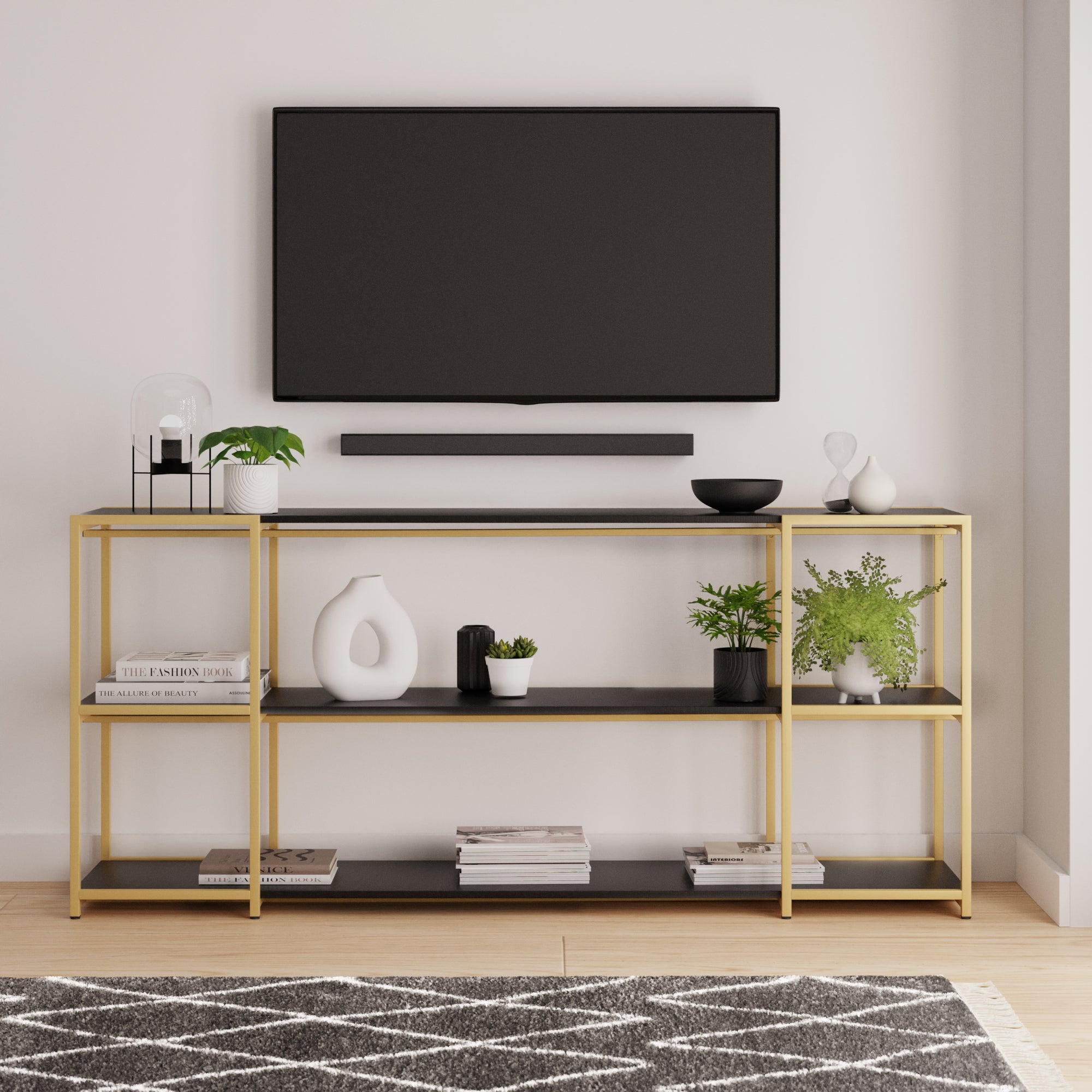 Modular Gold Black 3 Shelf Wide Shelving Unit Multicoloured