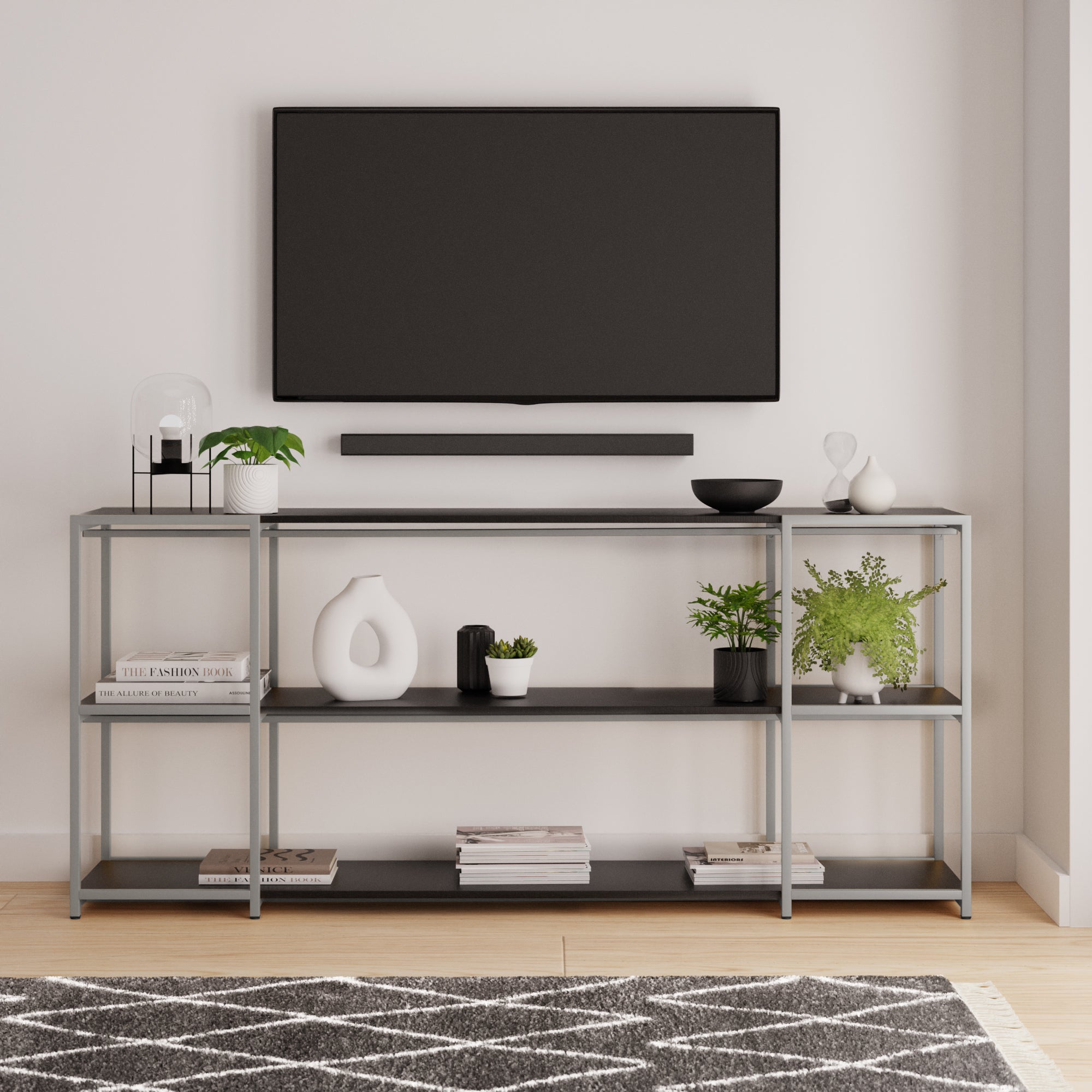 Modular Silver Black 3 Shelf Wide Shelving Unit Multicoloured