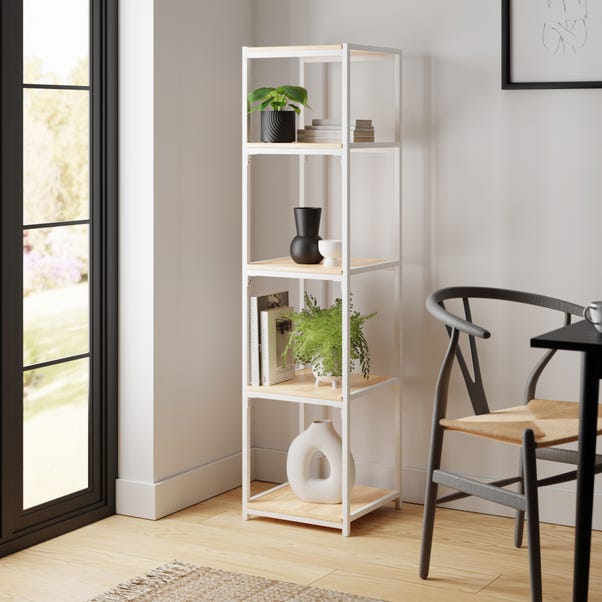 Modular White & Light Oak 5 Shelf Tall Shelving Unit MultiColoured