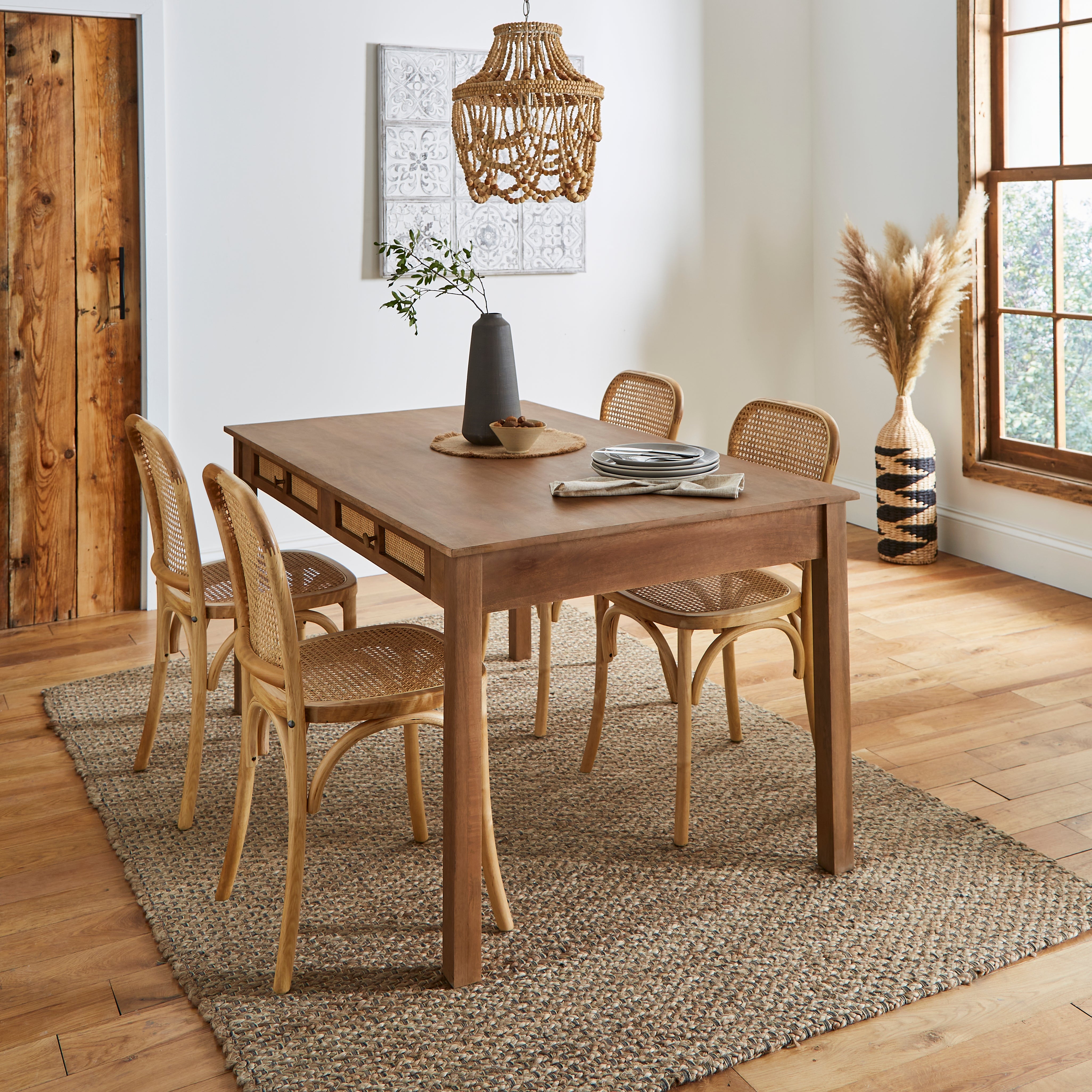 Indi Mango Wood Dining Table with Tulle Dining Chairs