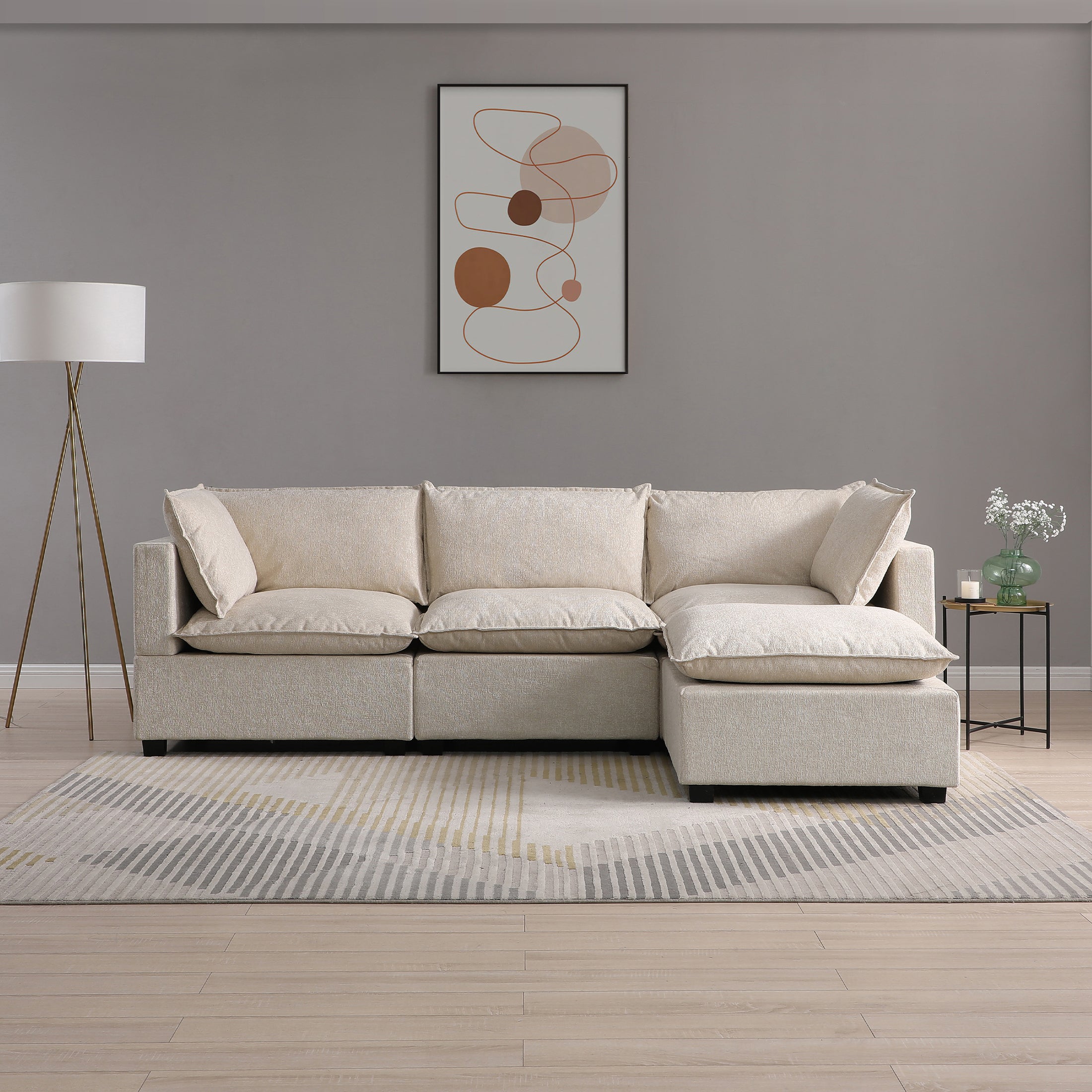 Moda 3 Seater Modular Sofa with Chaise, Natural Boucle | Dunelm
