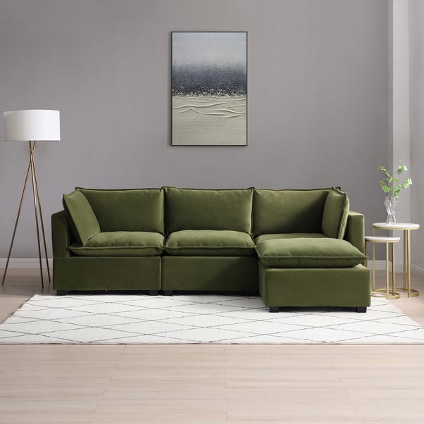 Moda 3 Seater Modular Sofa with Chaise, Olive Velvet image 1 of 5