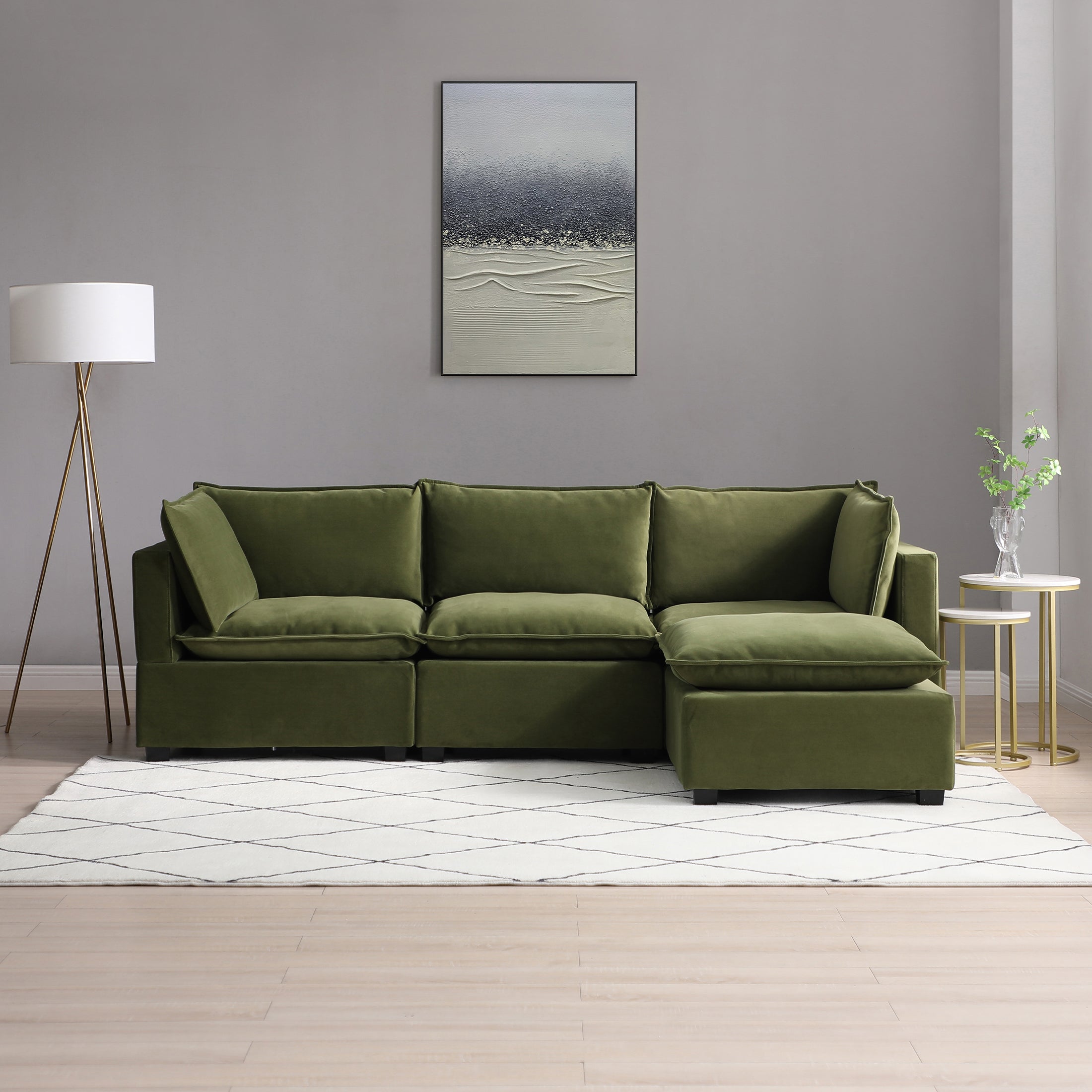 Moda 3 Seater Modular Sofa With Chaise Olive Velvet Green