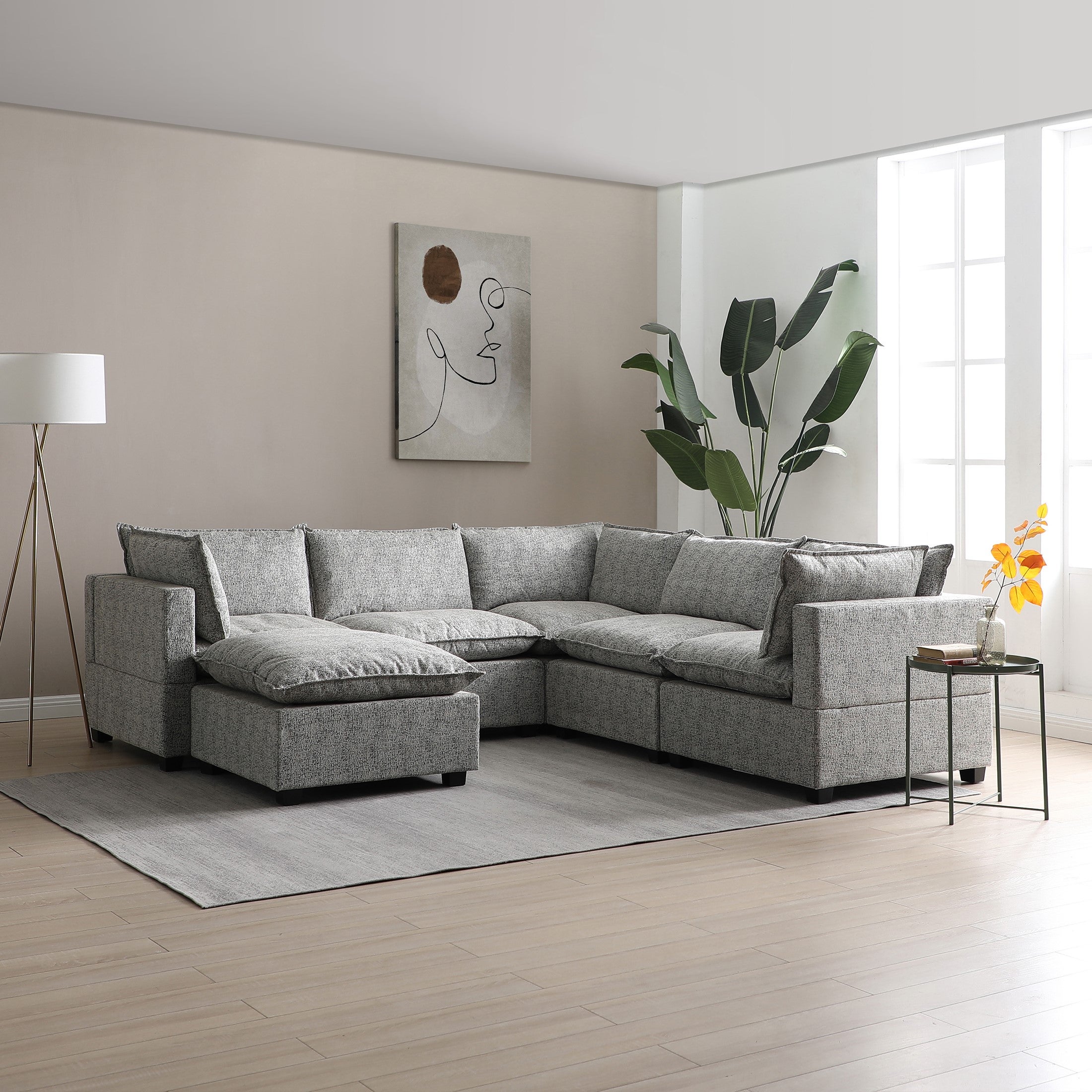 Moda Corner Modular Sofa with Chaise, Light Grey Boucle
