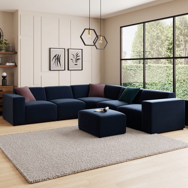 Modular Cruz Luxe Navy Velvet Corner Sofa with Footstool image 1 of 6