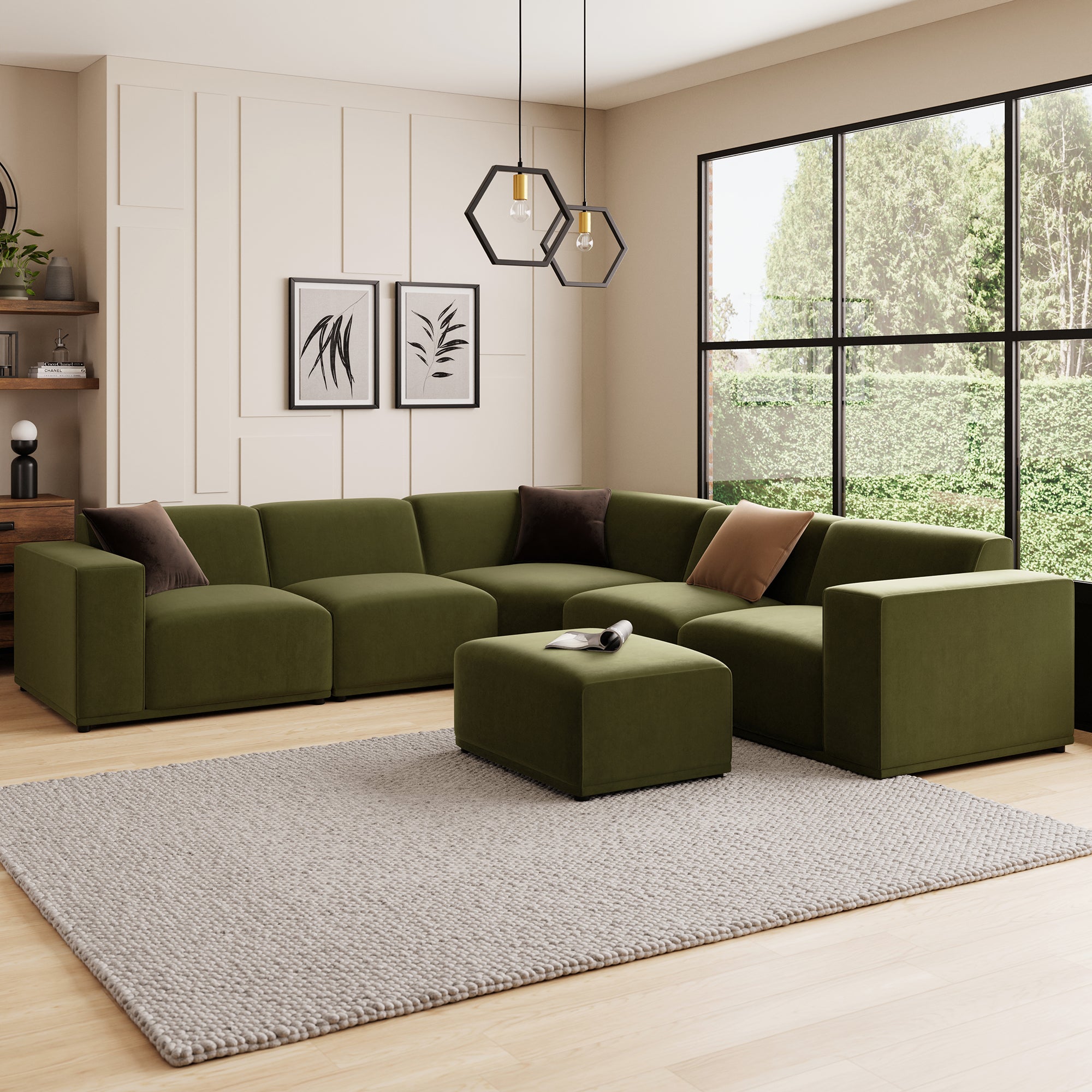 Modular Cruz Olive Velvet Corner Sofa with Footstool