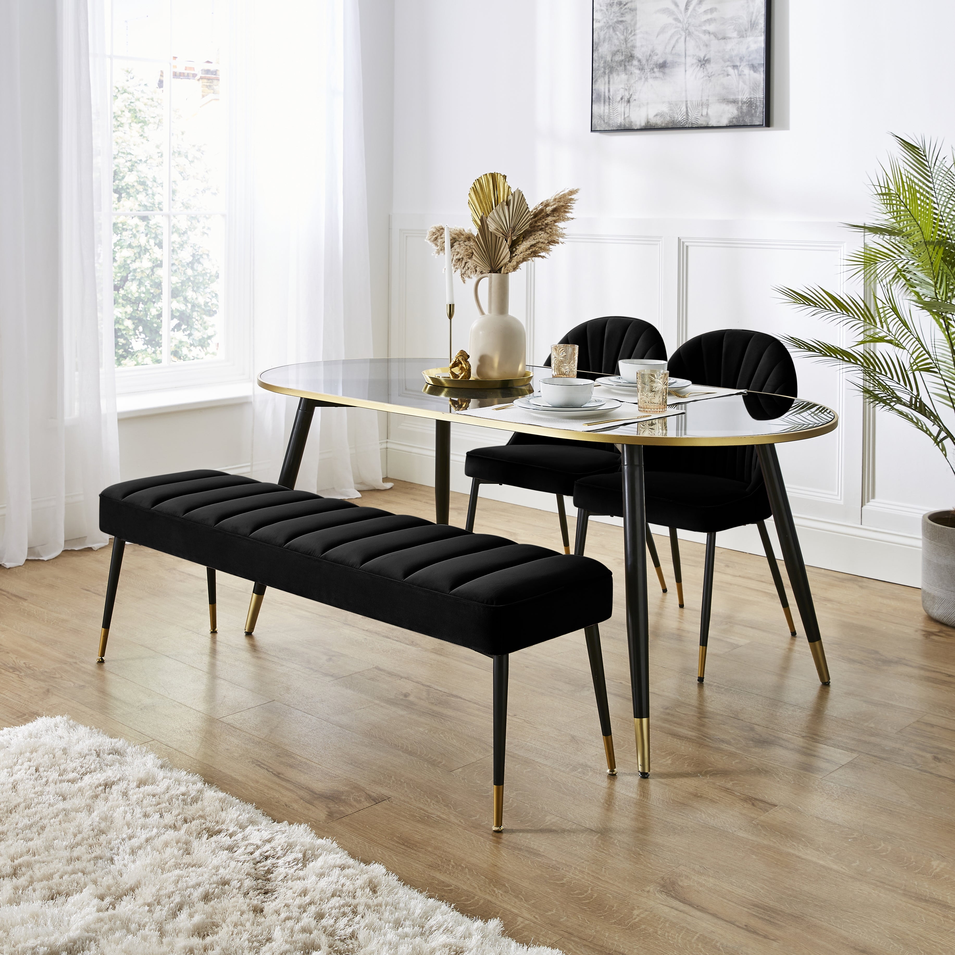 Sylvia Oval Dining Table With Sylvia Black Velvet Dining Bench Chairs