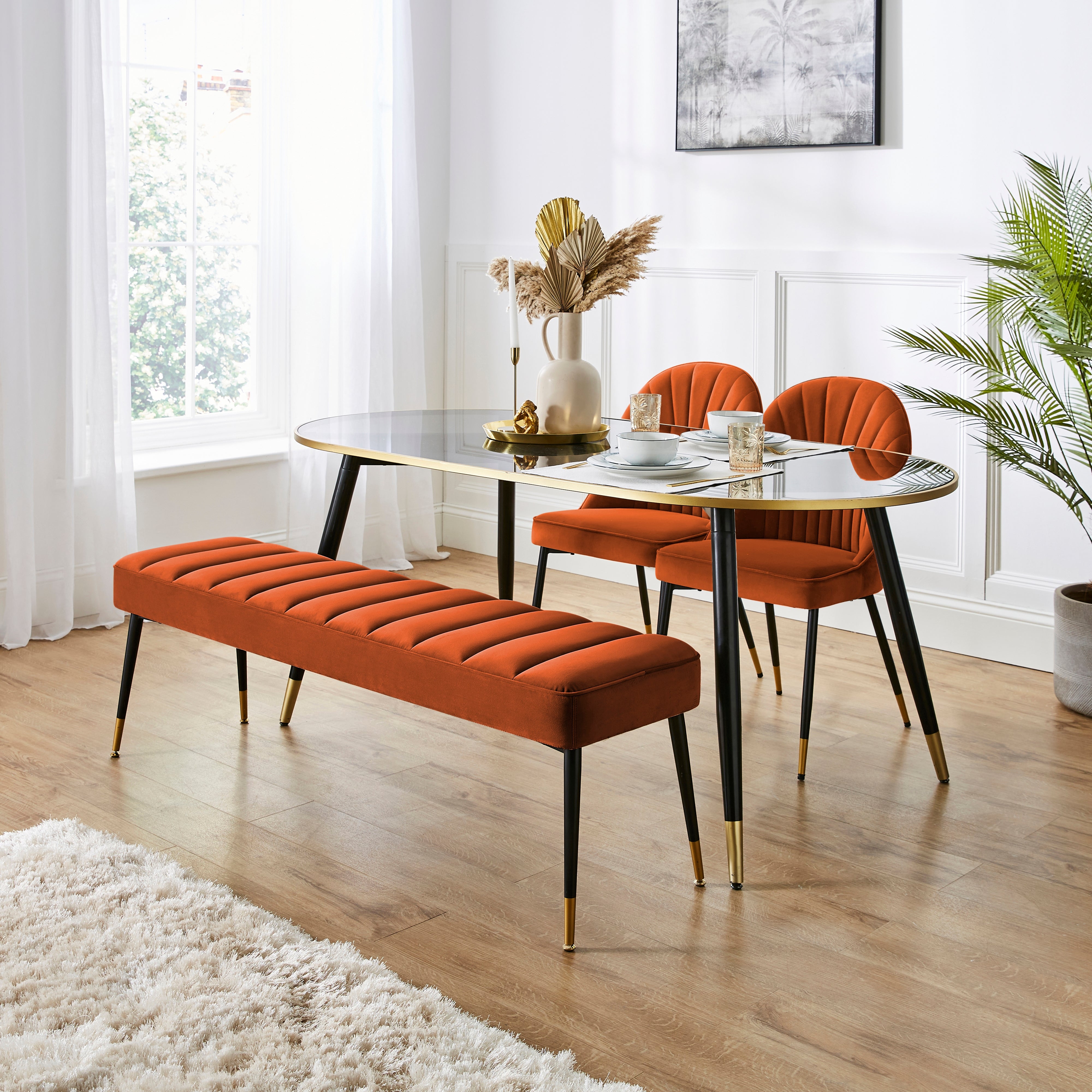 Sylvia Oval Dining Table With Sylvia Orange Velvet Dining Bench Chairs
