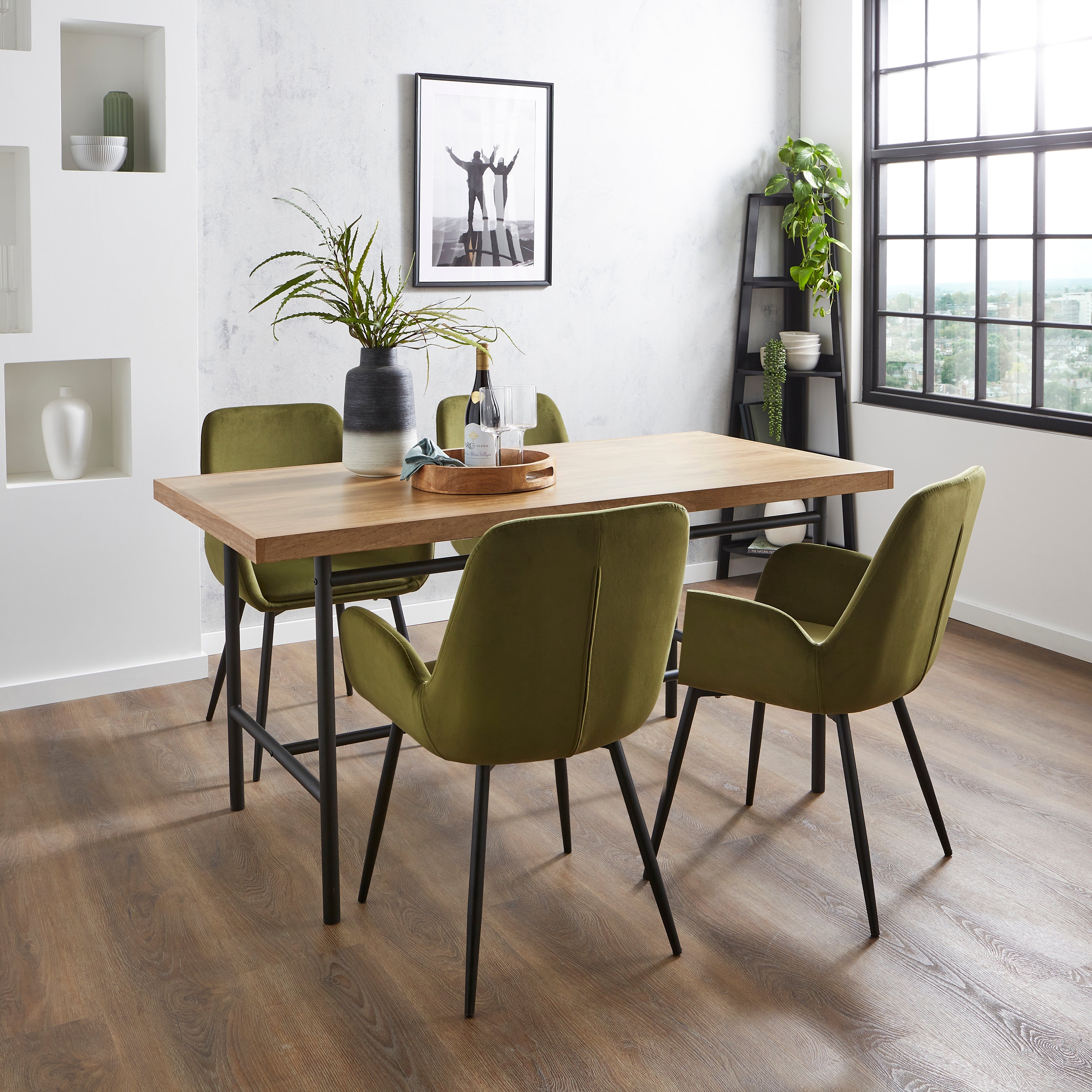 Bryant Rectangular Dining Table With Axel Olive Velvet Dining Chairs