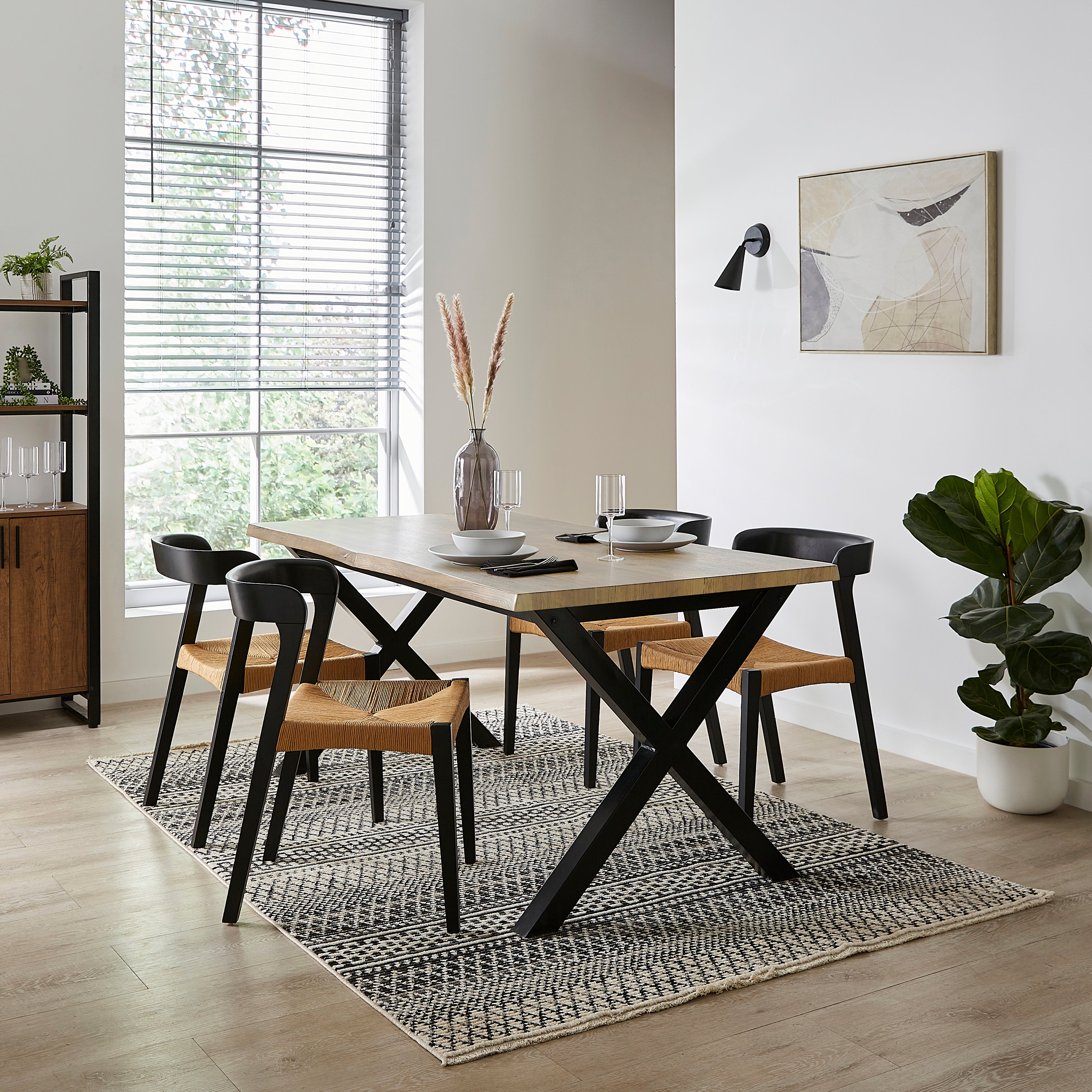 Ezra Rectangular Extendable Dining Table with Melia Black Dining Chairs