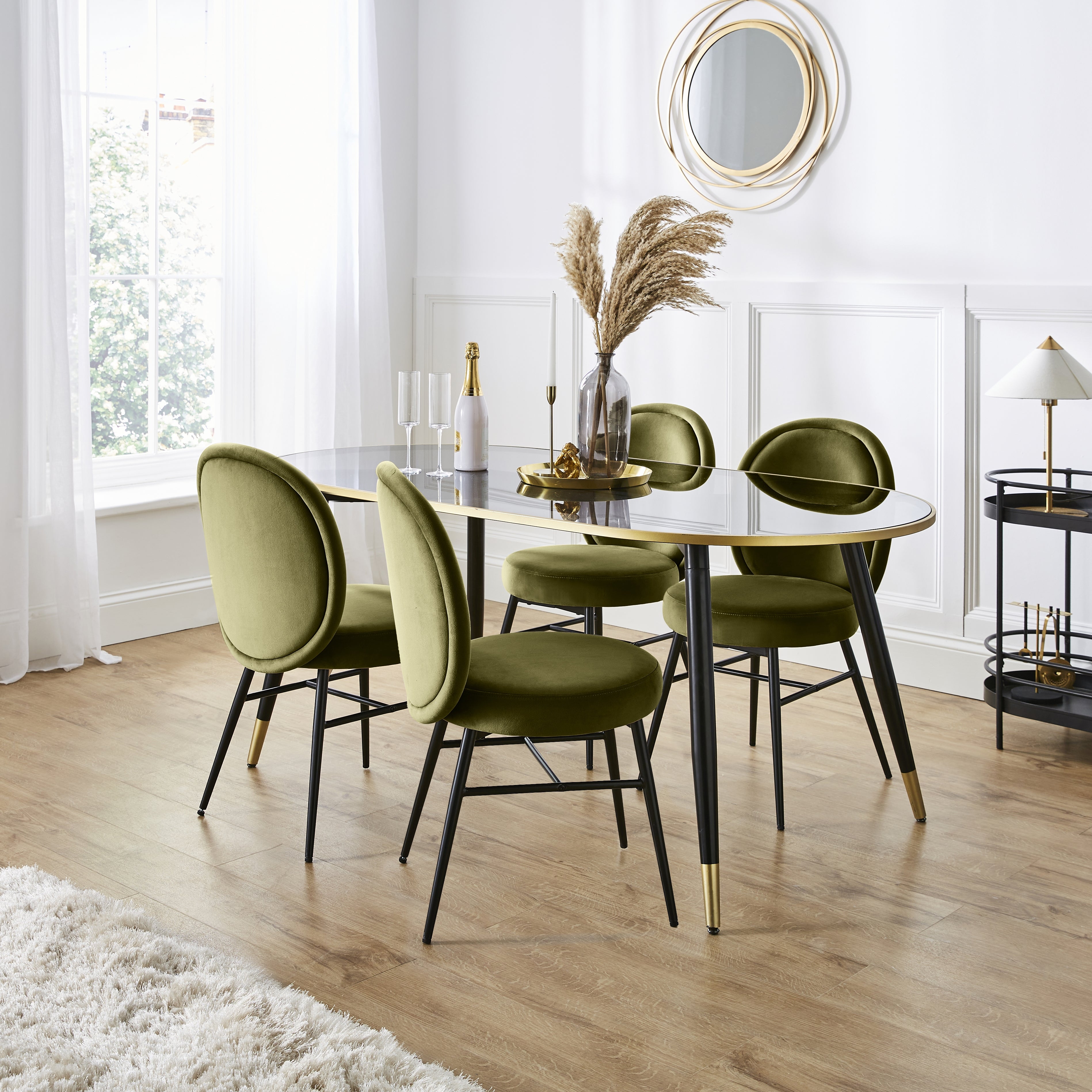 Sylvia Oval Dining Table With Renata Olive Velvet Dining Chairs
