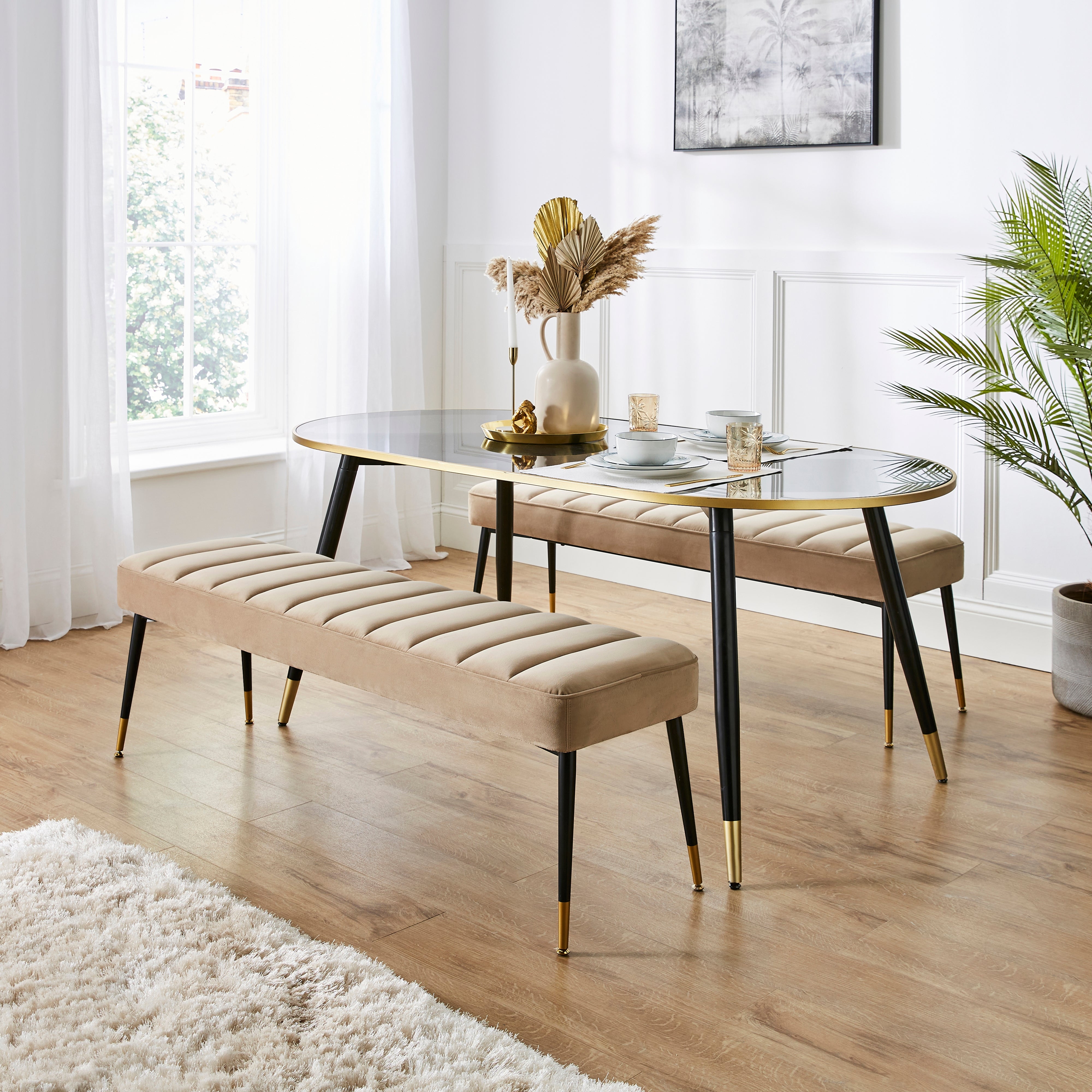 Sylvia Oval Dining Table With Sylvia Mink Velvet Dining Benches