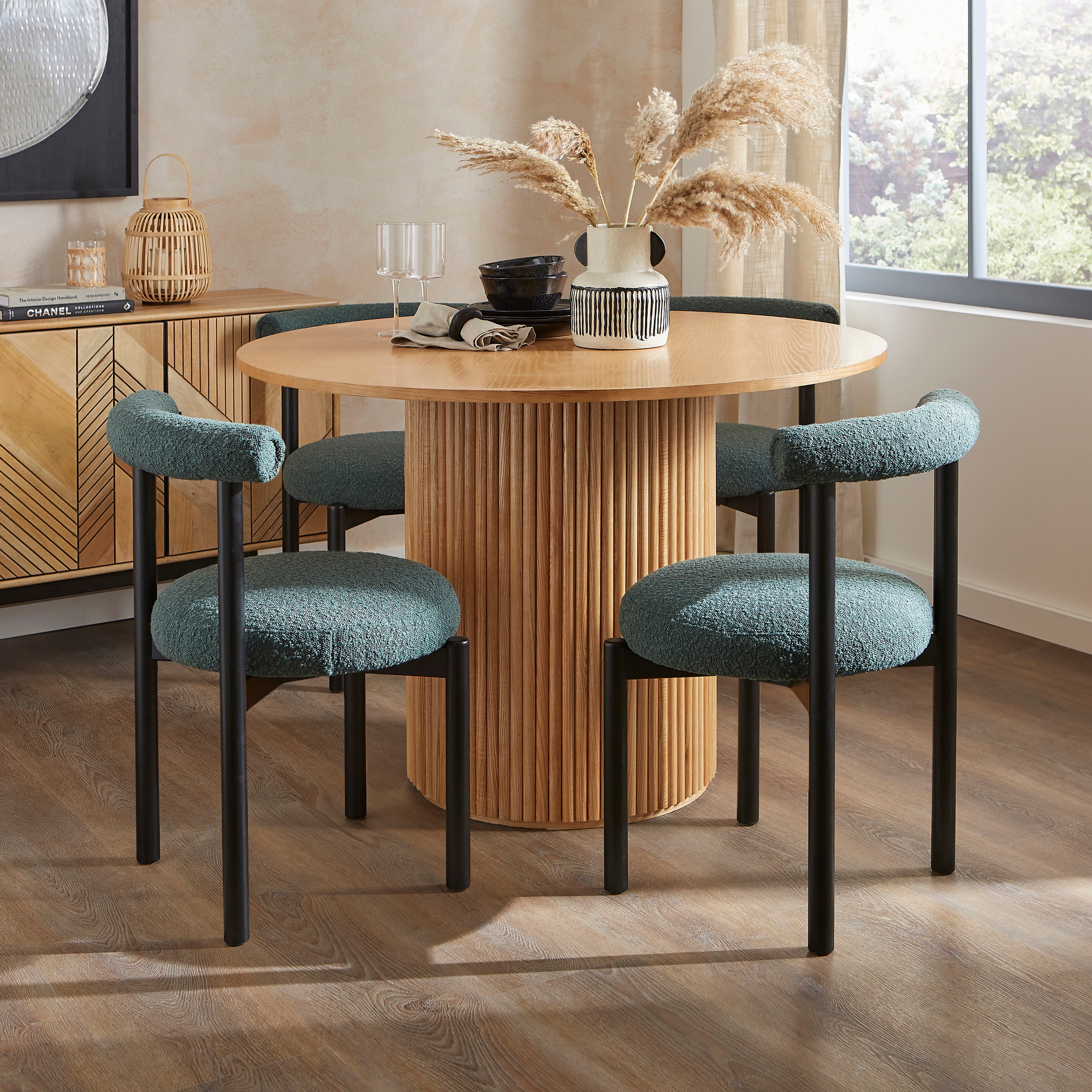 Amari Round Dining Table With 4 Violeta Olive Boucle Chairs Olive