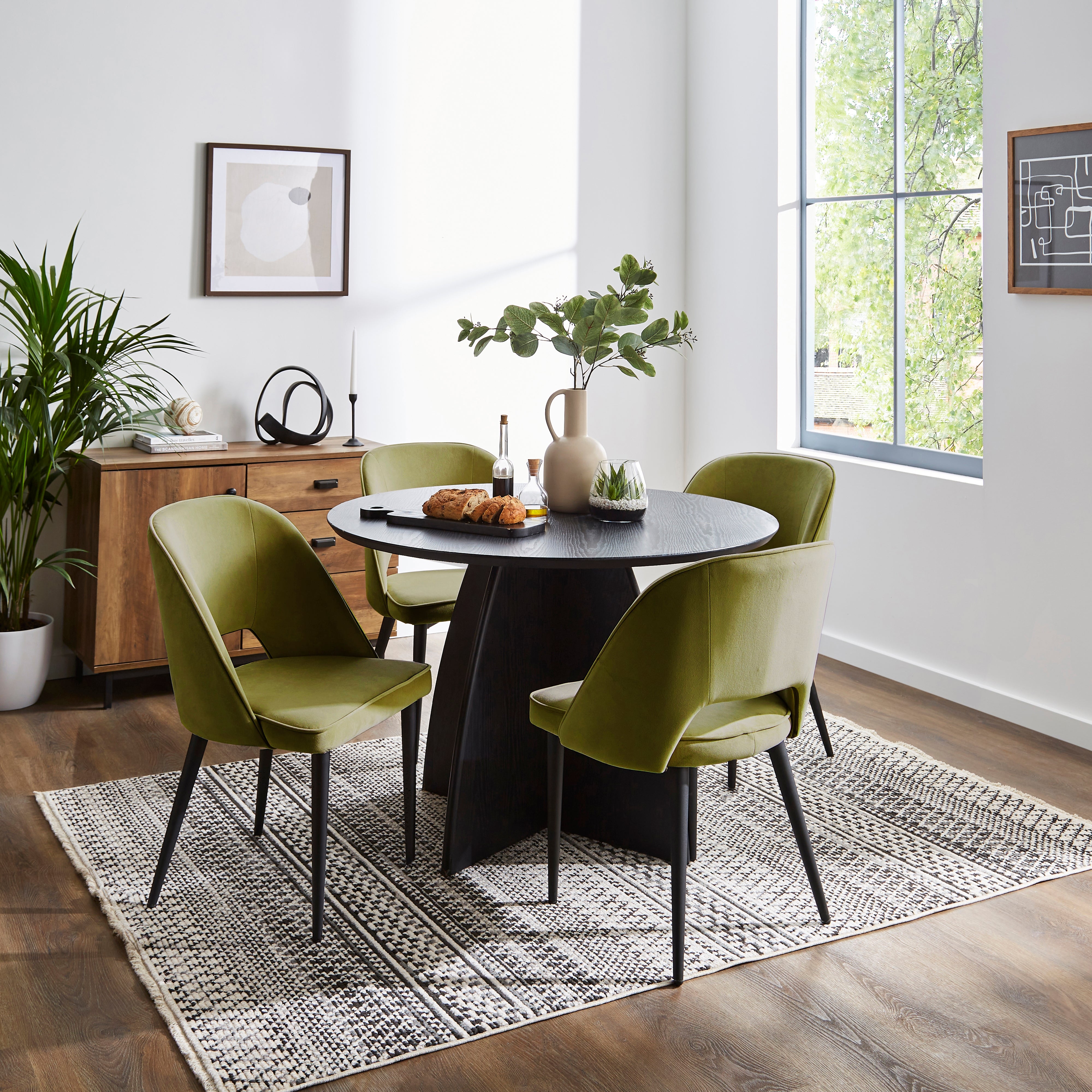 Effy Round Dining Table With 4 Lillia Olive Velvet Chairs Olive