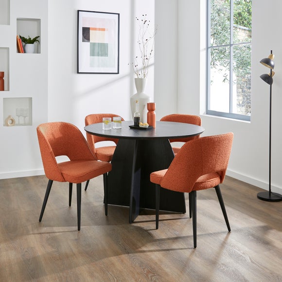 Click to view product details and reviews for Effy 4 Seater Round Dining Table With 4 Lillia Orange Umber Boucle Dining Chairs.