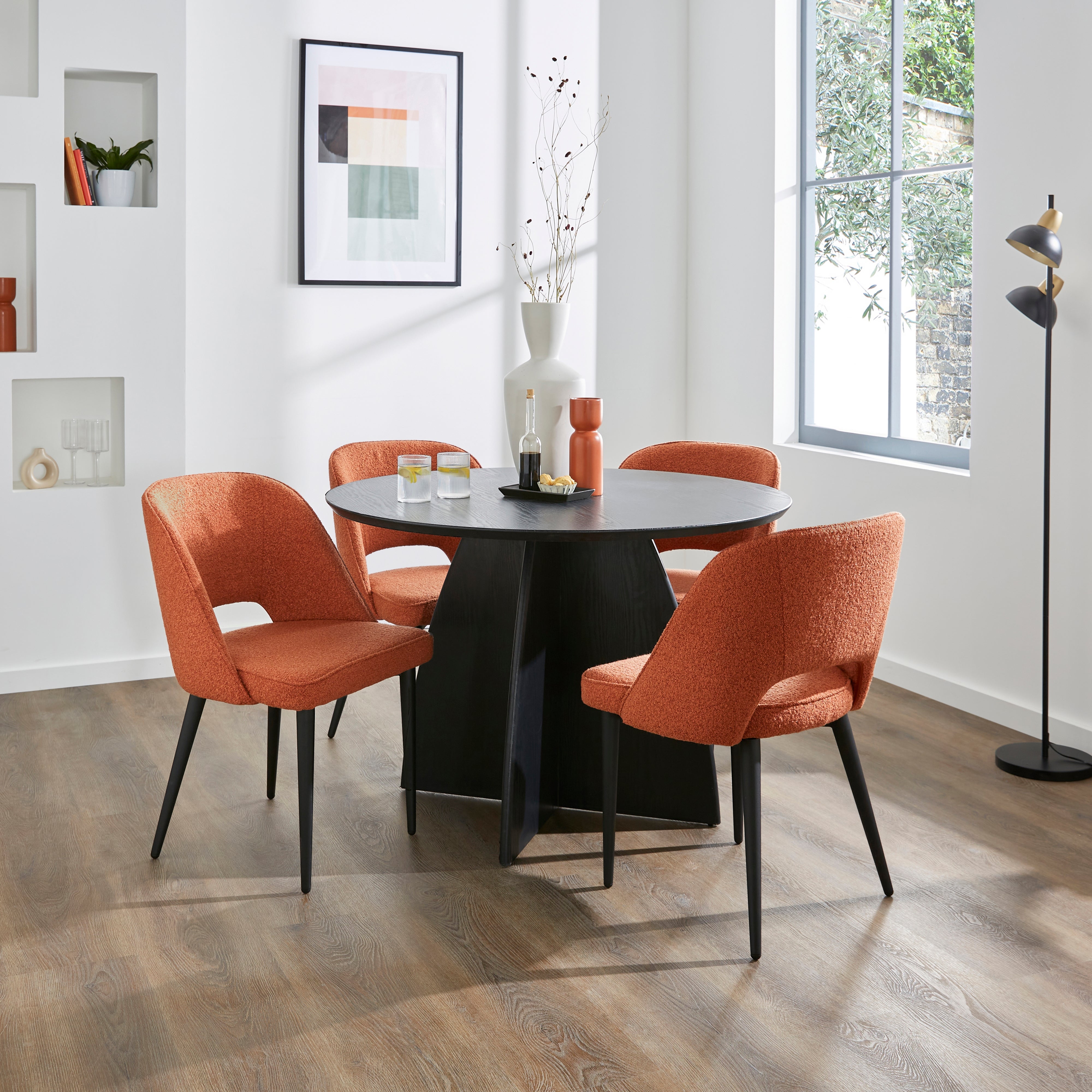 Effy Round Dining Table with 4 Lillia Orange Umber Boucle Dining Chairs