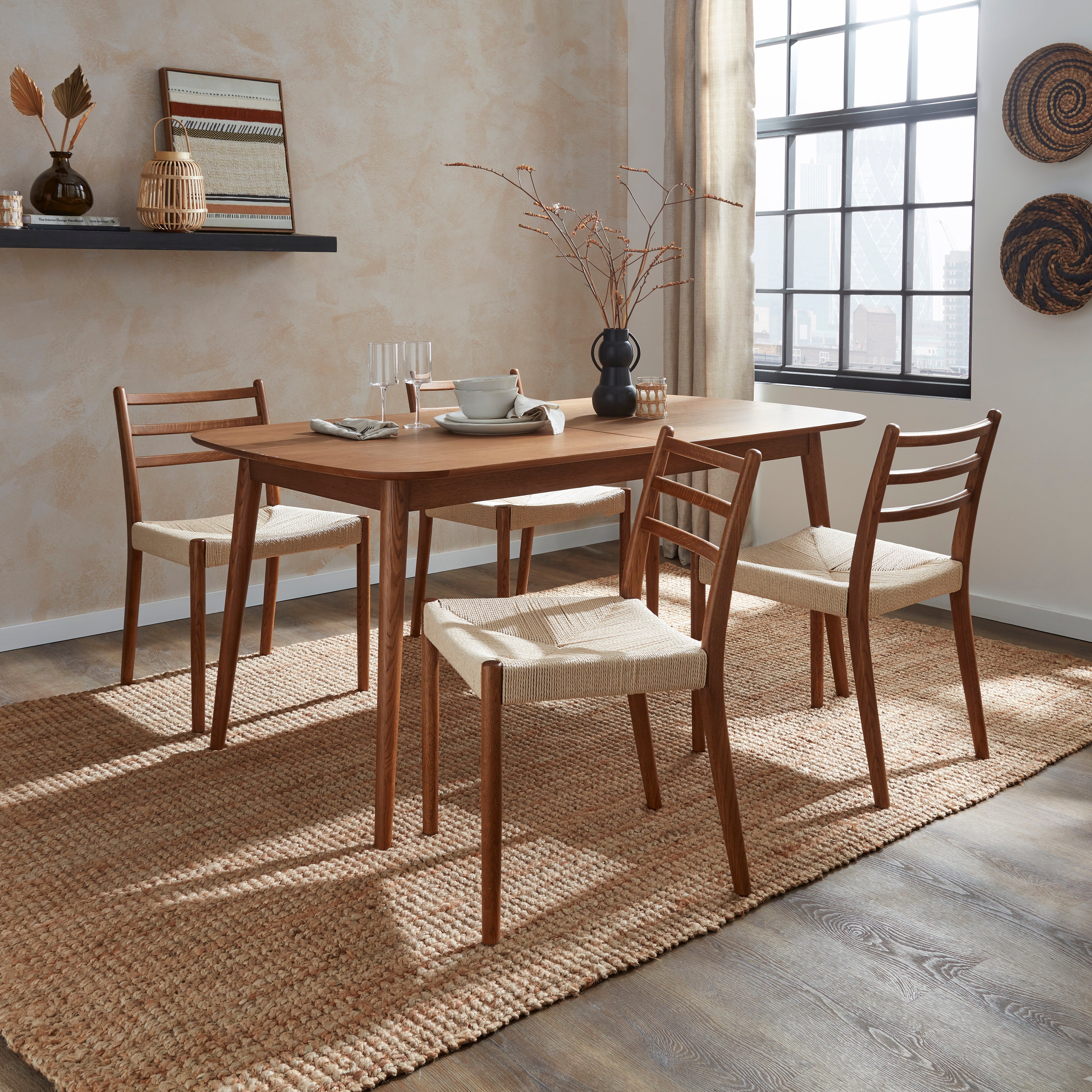 Karla Rectangular Extendable Dining Table with 4 Arthur Dark Stained Oak Dining Chairs Natural