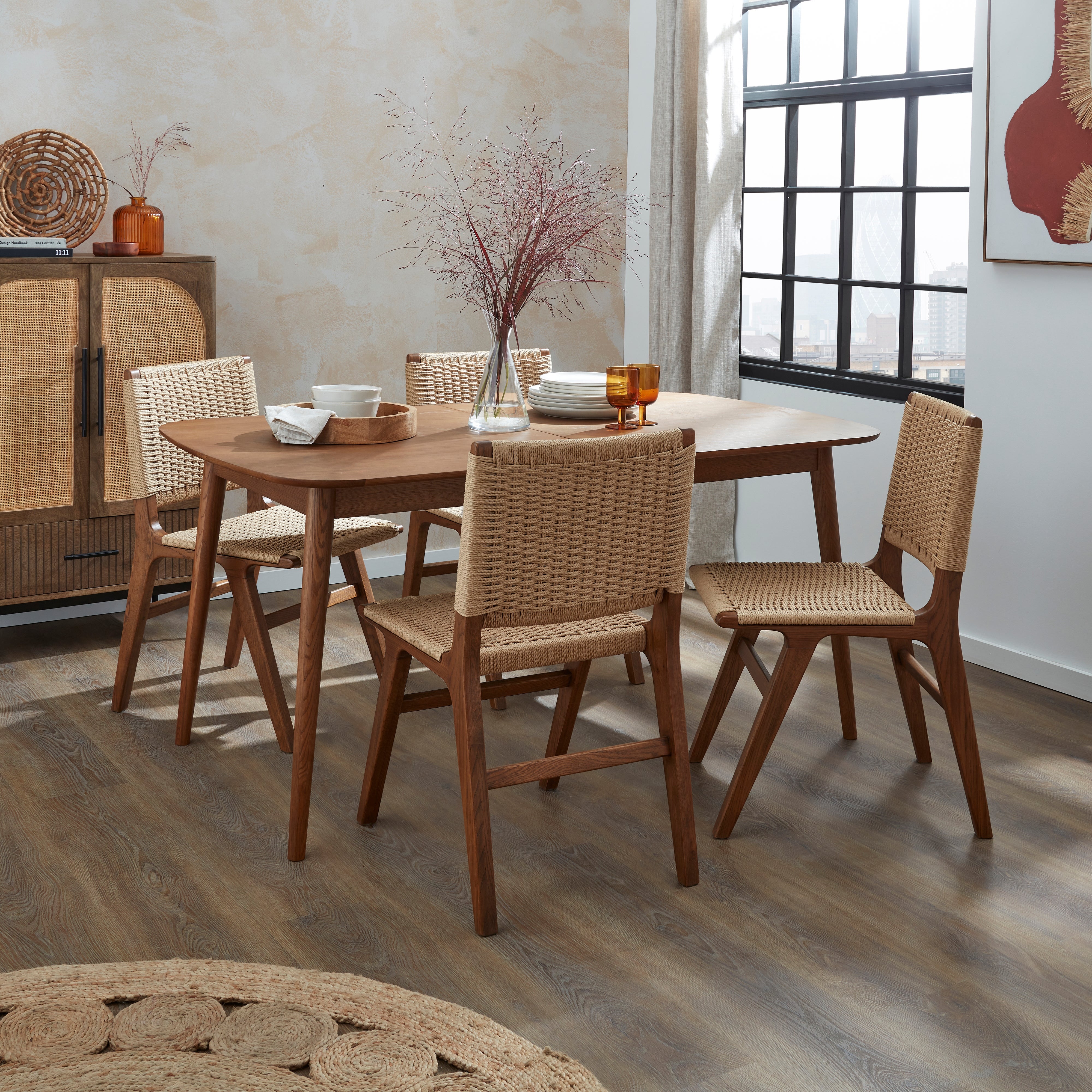 Karla Rectangular Extendable Dining Table With 4 Cordella Dark Stained Oak Chairs Natural