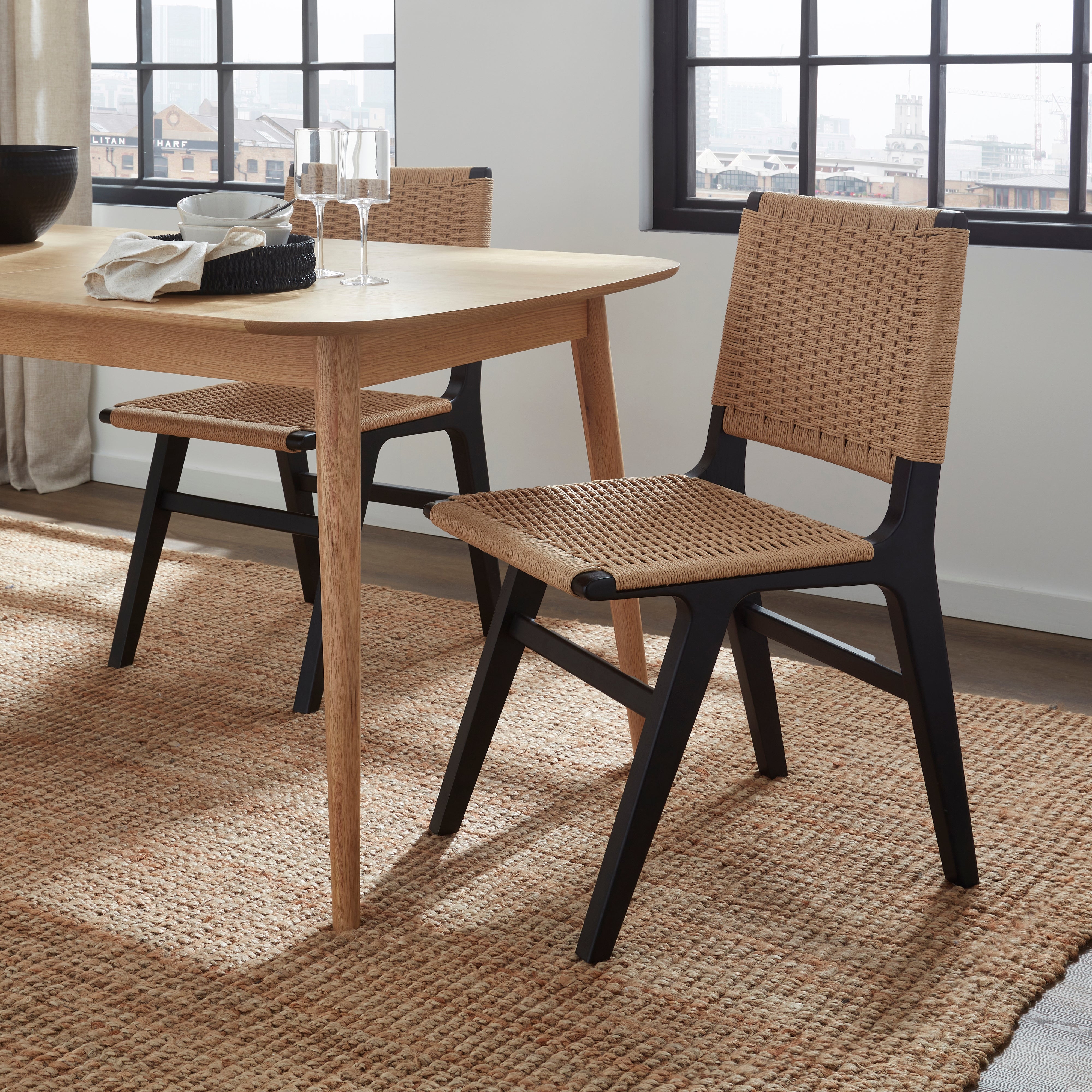 Karla Rectangular Extendable Dining Table With 4 Cordella Black Oak Chairs Natural