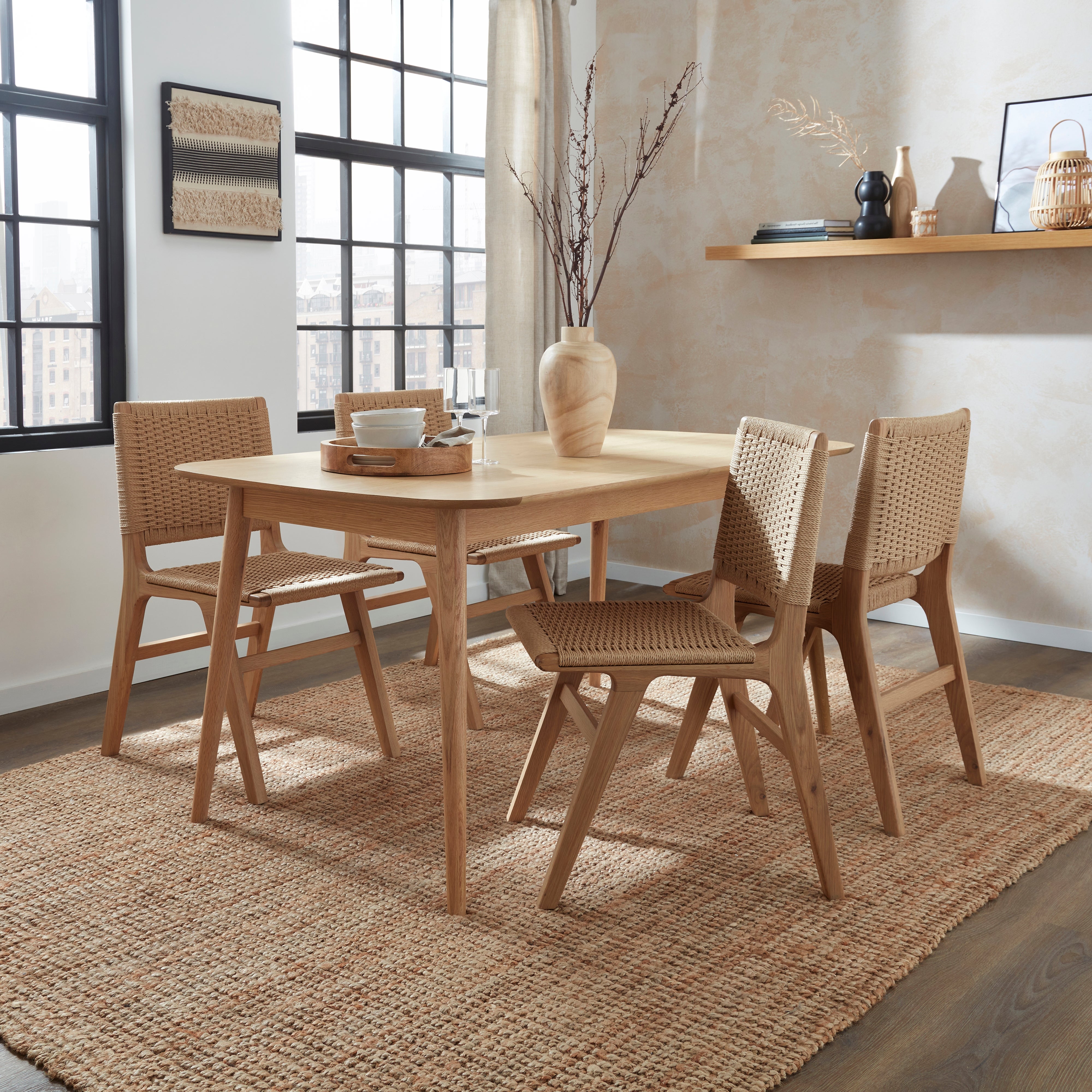 Karla Rectangular Extendable Dining Table With 4 Cordella Natural Oak Chairs Natural