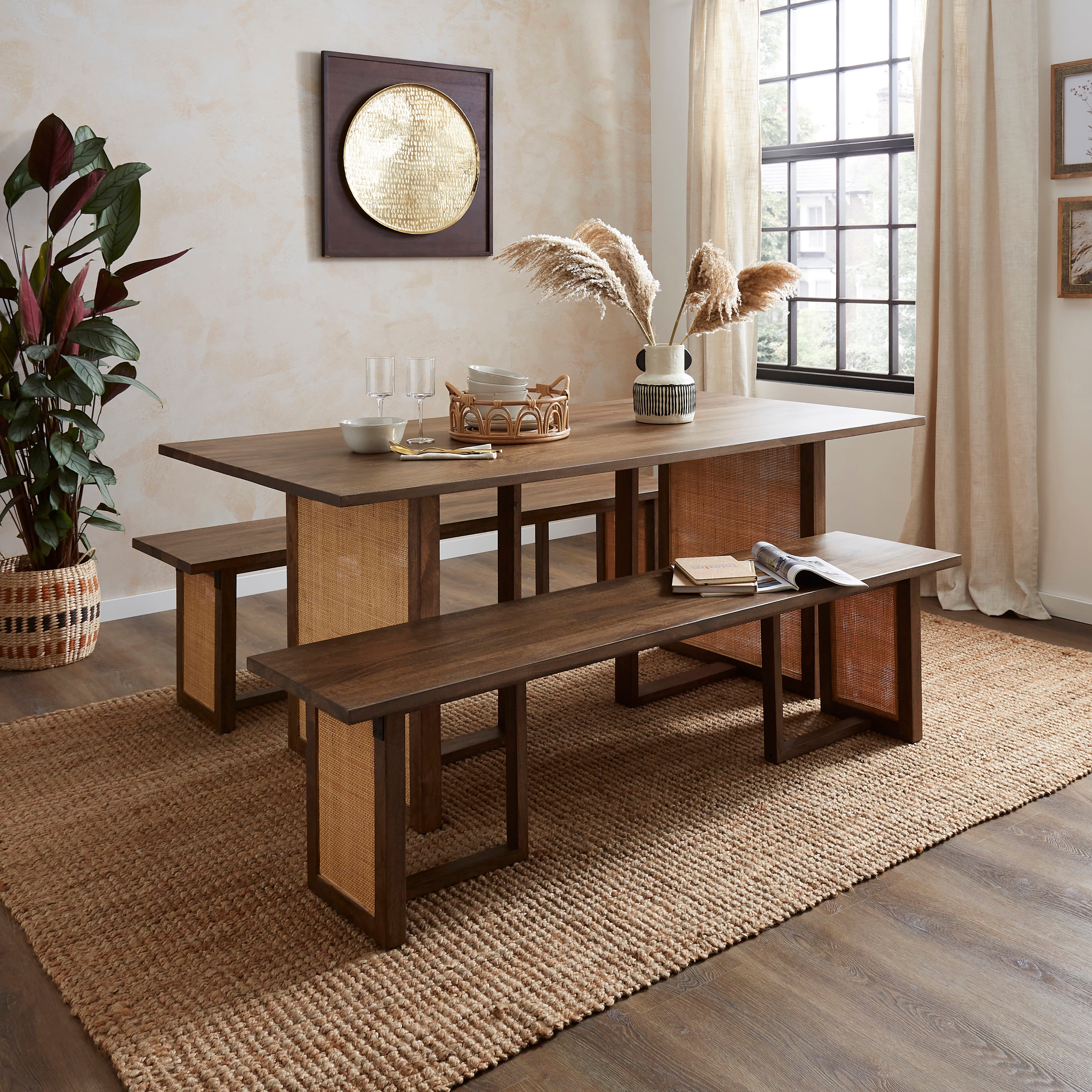 Mila Rectangular Dining Table With 2 Mango Wood Benches Natural