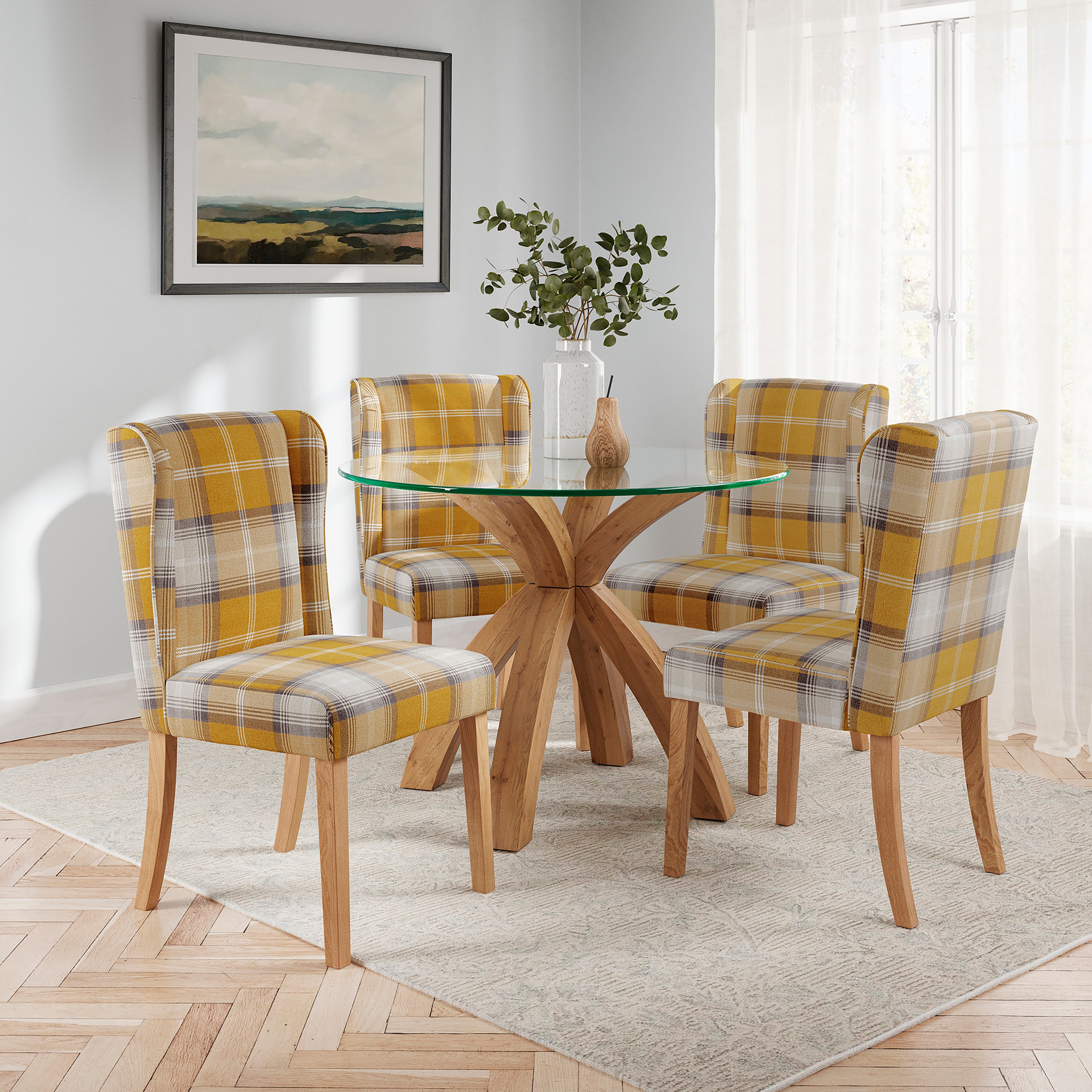 Xavi Round Dining Table With 4 Oswald Old Gold Country Check Dining Chairs Gold