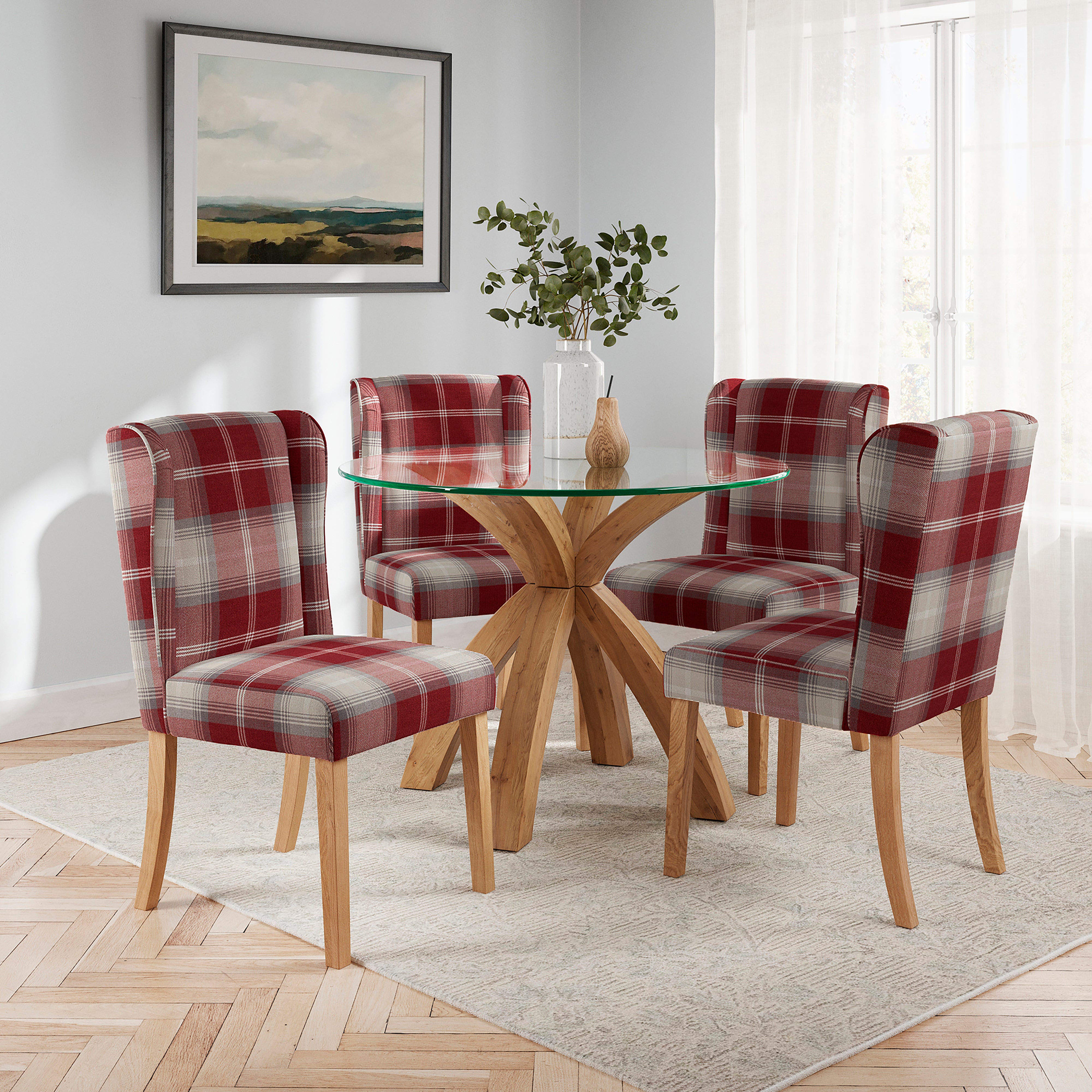 Xavi Round Dining Table With 4 Oswald Red Country Check Dining Chairs Red