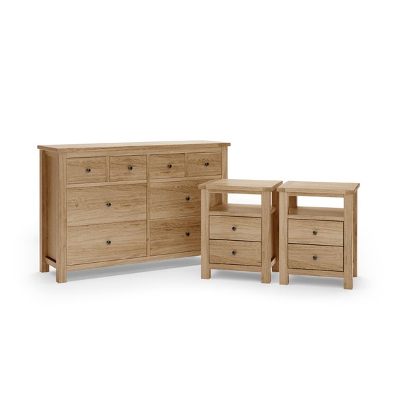 Olney Oak Wide Chest and Bedside Tables Bundle