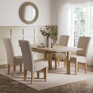 Olney 4-6 Seater Oak Effect Fliptop Dining Table With 4 Aiden Natural Boucle Dining Chairs