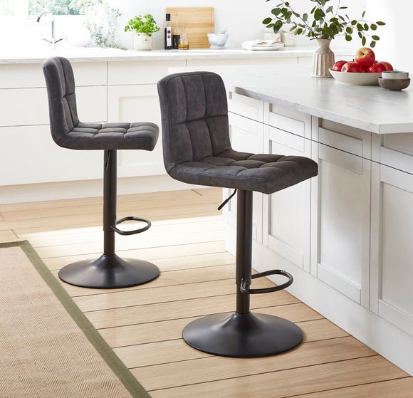 Jasmine Set of 2 Adjustable Height Swivel Bar Stools, Grey Faux Leather