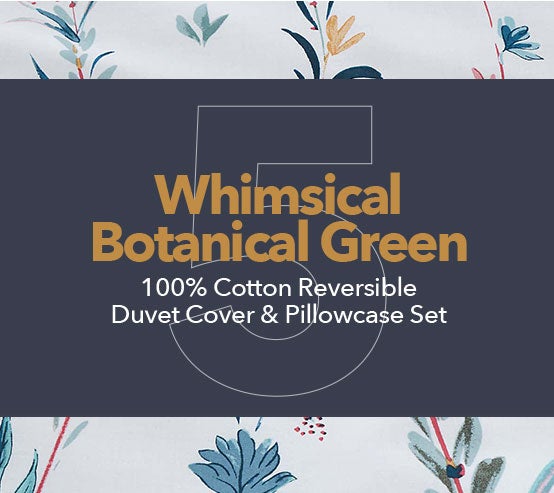 Whimsical Botanical Green 100% Cotton Reversible Duvet Cover and Pillowcase Set