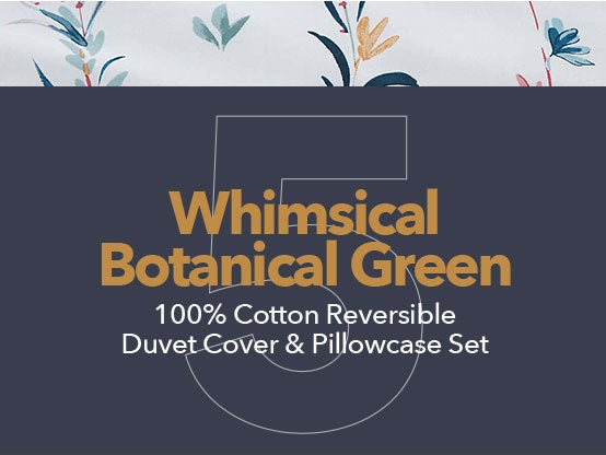 Whimsical Botanical Green 100% Cotton Reversible Duvet Cover and Pillowcase Set