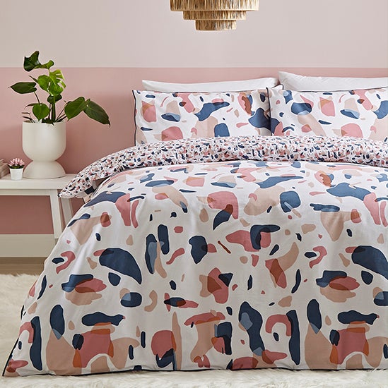 Terazzo Pink Abstract 100% Cotton Reversible Duvet Cover Set