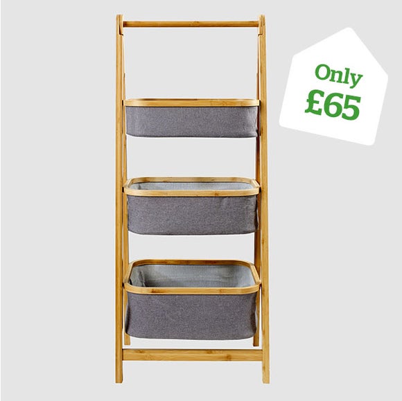 Grey Bamboo 3 Tier Storage Basket Ladder