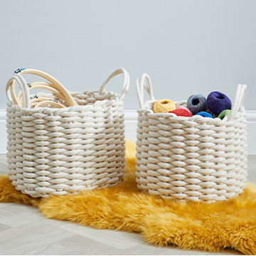 Set of 2 Round Knitted Cream Storage Baskets