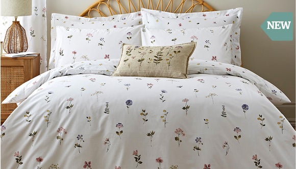 Pressed Floral White Duvet Cover and Pillowcase Set From £20