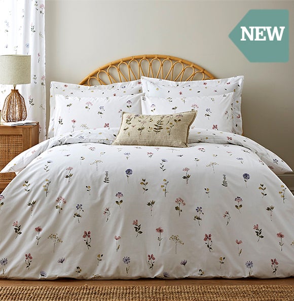 Pressed Floral White Duvet Cover and Pillowcase Set From £20