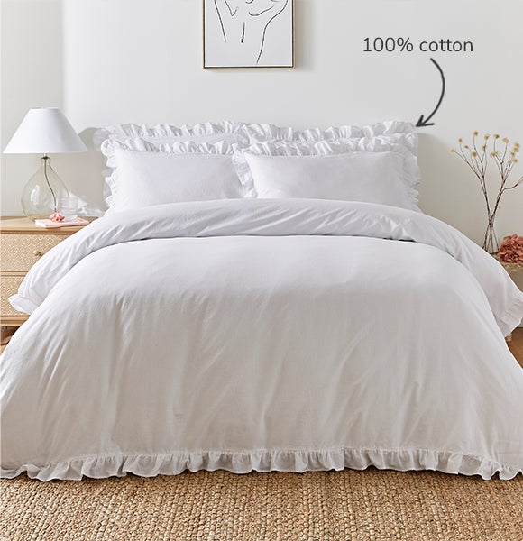 Camille Ruffle White 100% Cotton Duvet Set From £32