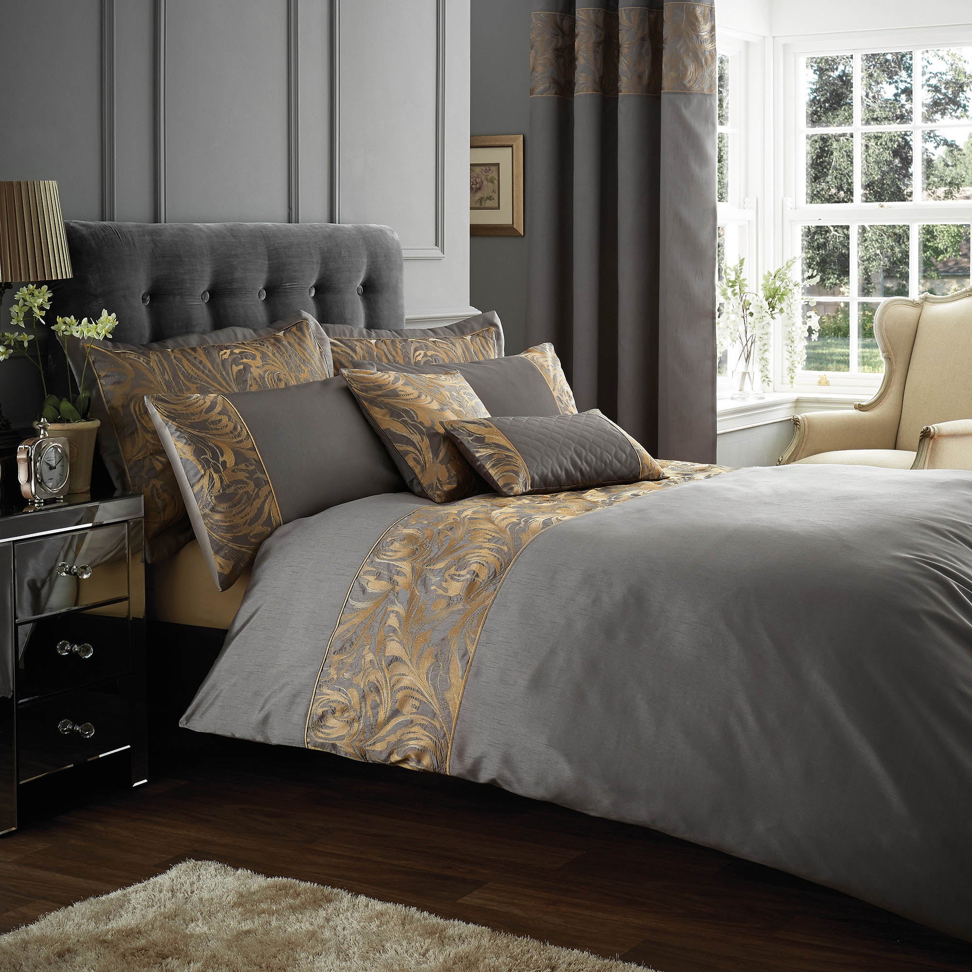 Grayson Embroidered Pewter Duvet Cover | Dunelm