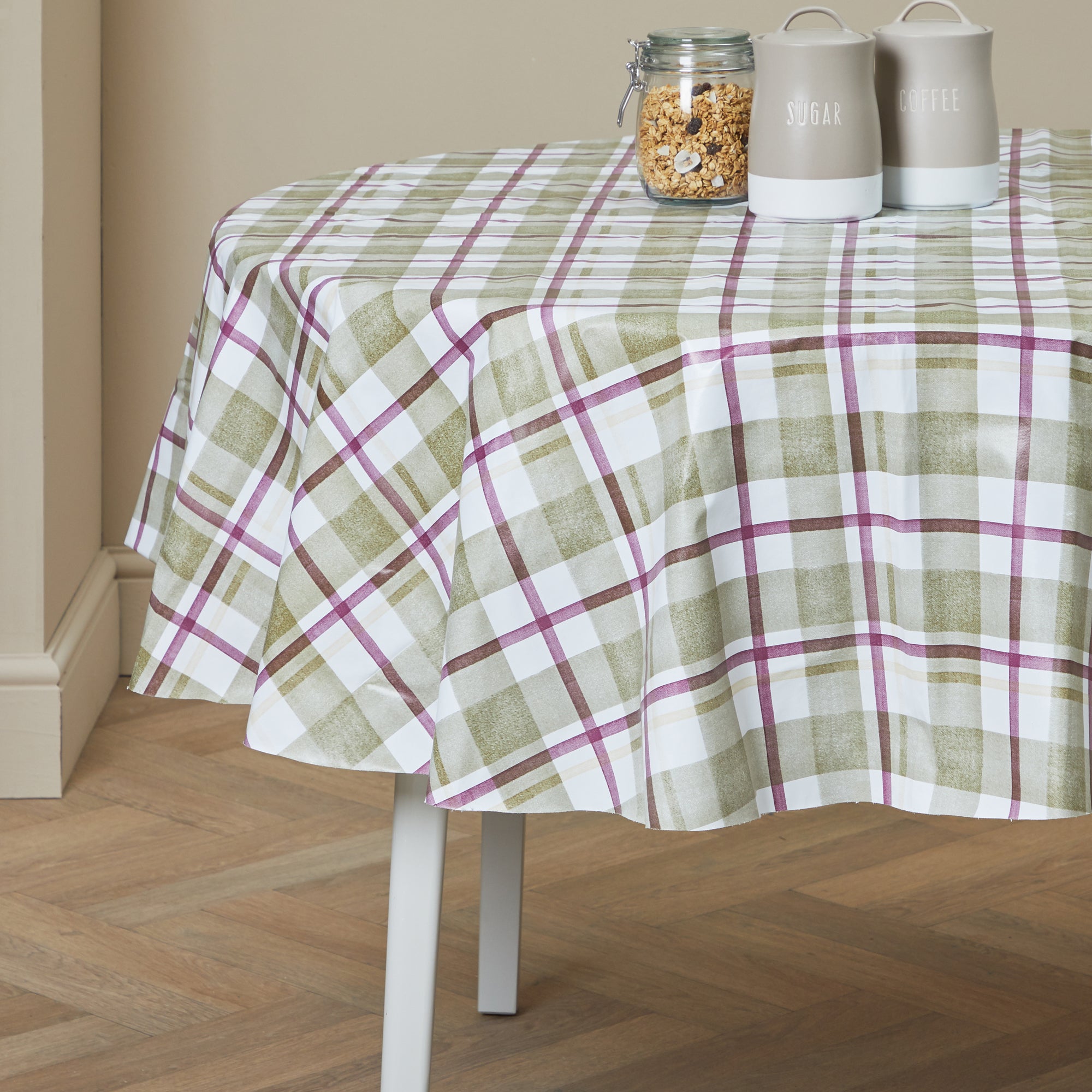 Green Check Misty Moors Round PVC Tablecloth | Dunelm